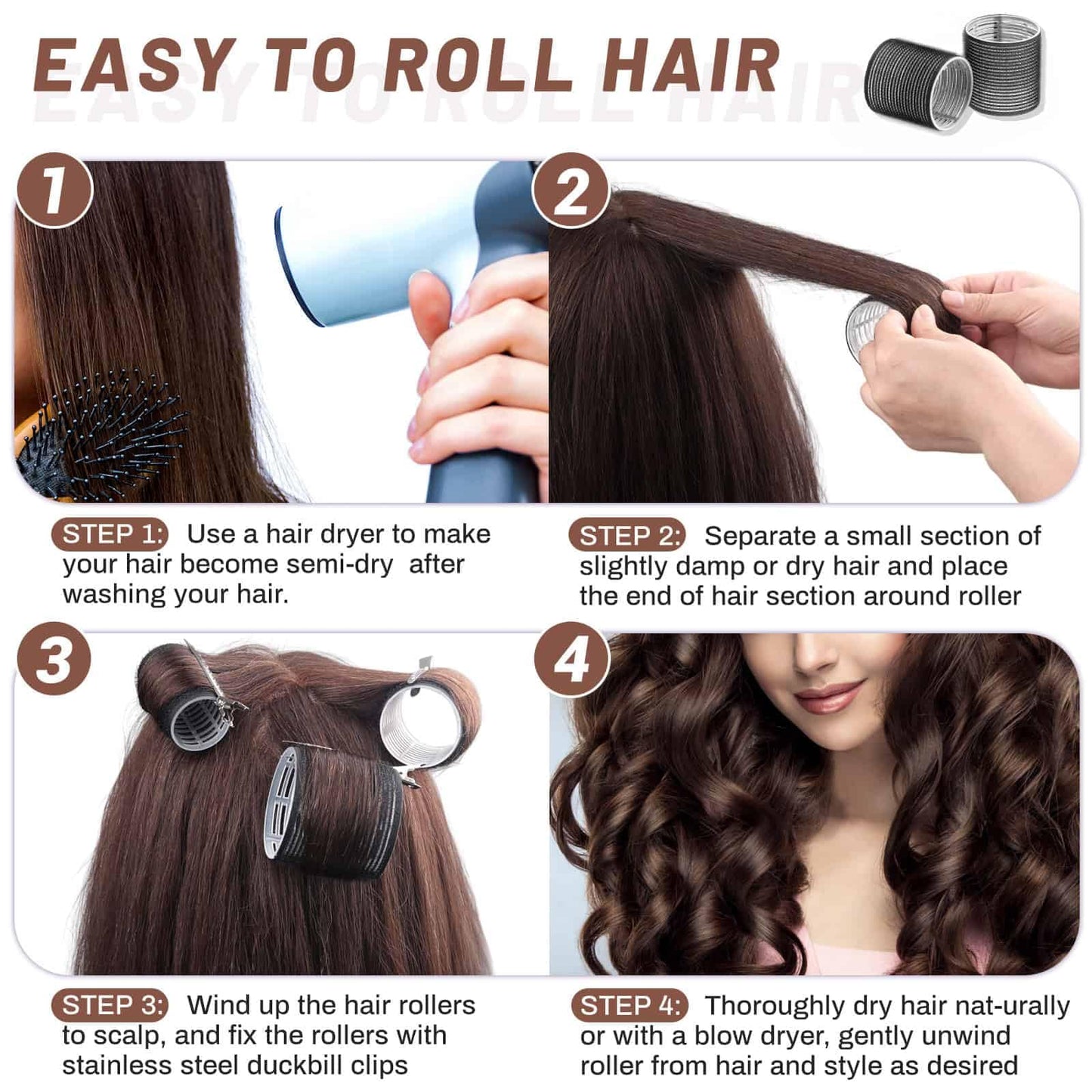 Large Hair Rollers Set - 24 Pieces with 12 Jumbo Rollers and 12 Clips for Long Thick Hair Volume (Black)