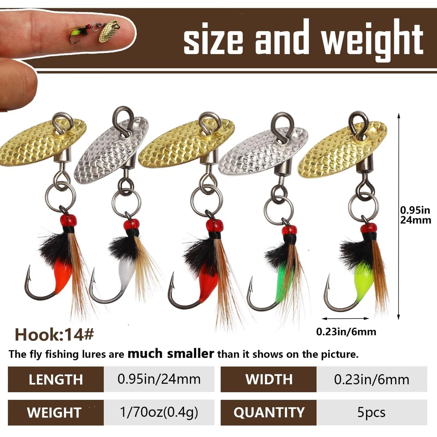 Dovesun Fly Fishing Lures Fly Fishing Flies Wet Fishing Flies Fishing Lures with Fishing Spinner for Bass Sunfish, Pike Hook 14# 5pcs