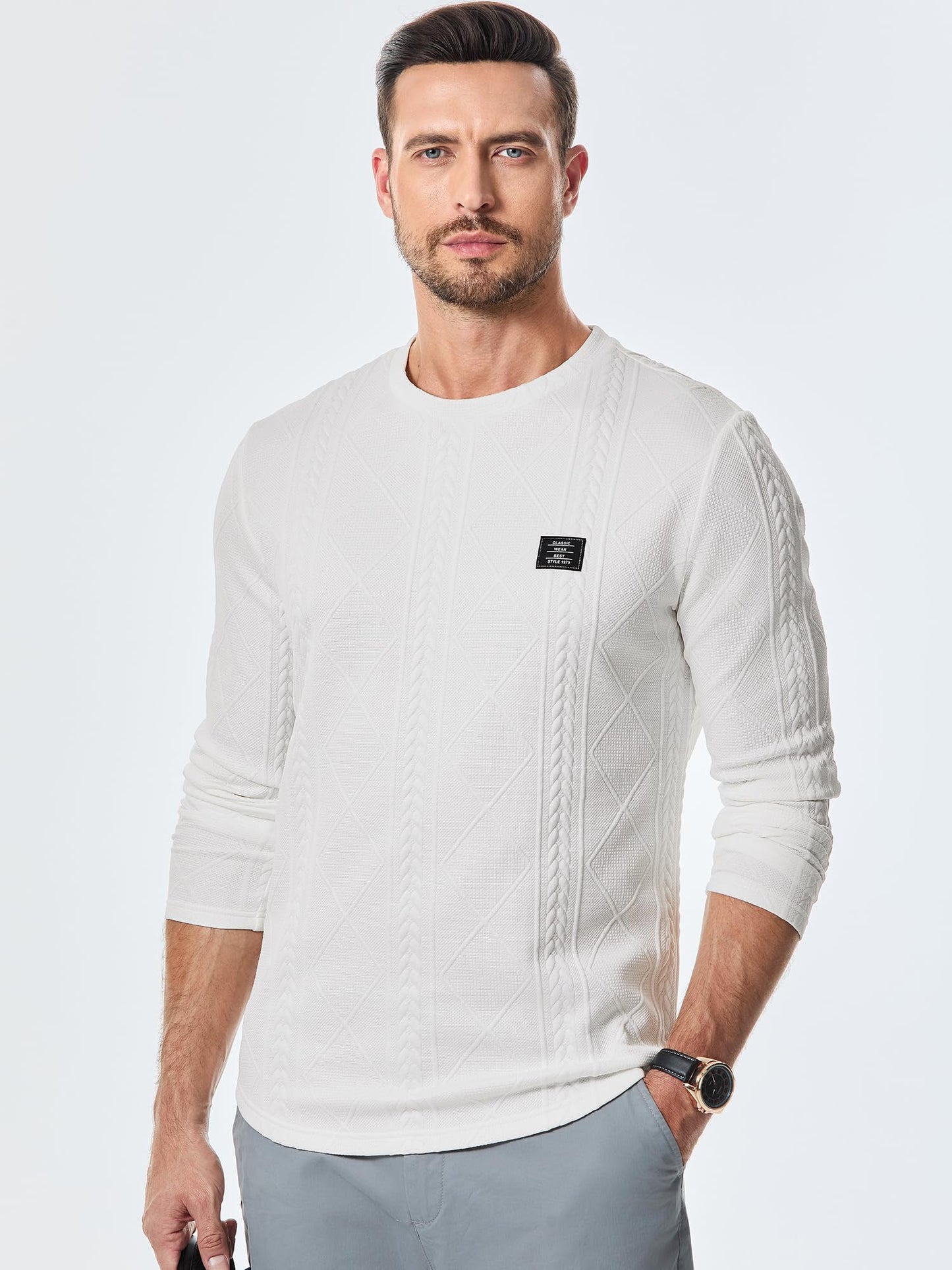 JMIERR Mens Crewneck Sweater Casual Cable Knit Pullover Sweatshirts Solid Winter Knitted Tee for Men, US43(L), White