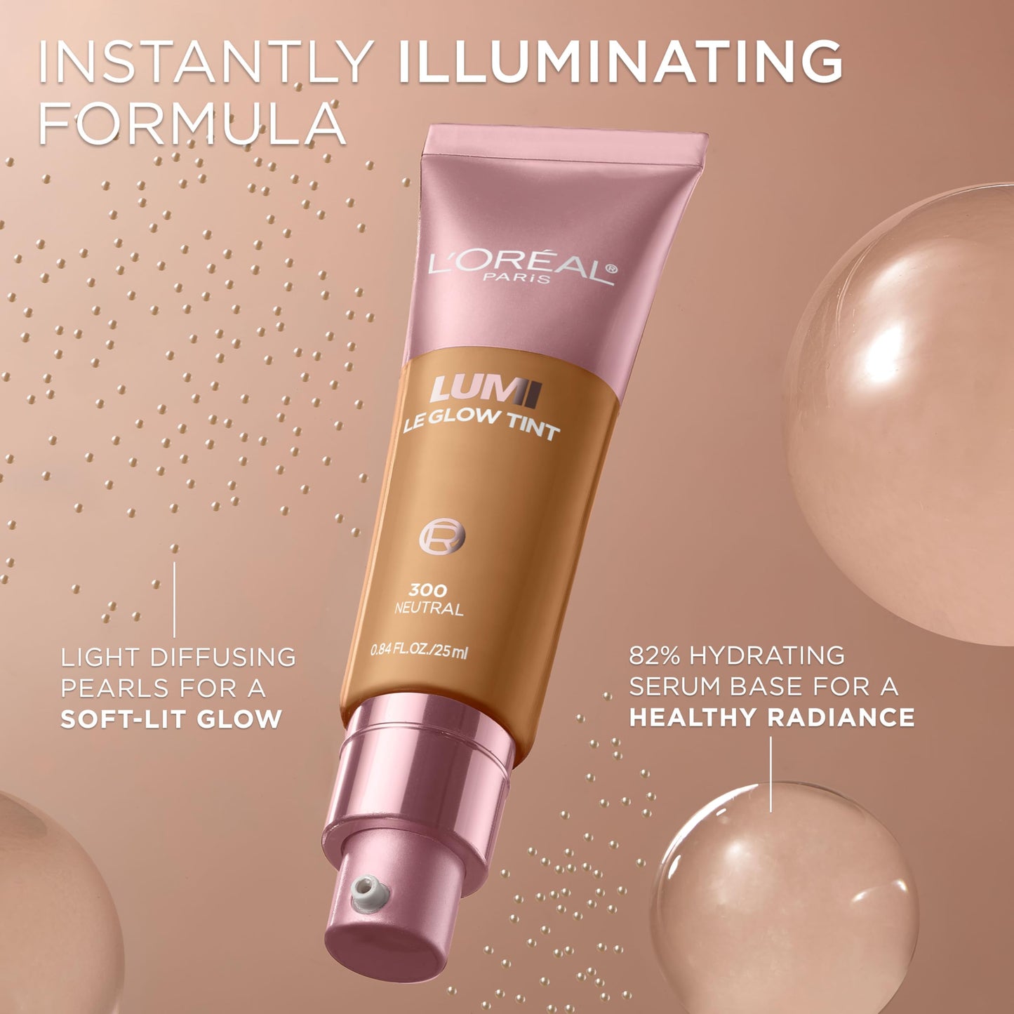 L’Oréal Paris Lumi Le Glow Skin Tint, Lightweight Water-Based Tinted Serum with Foundation-Like Coverage, Glow Illuminator, Neutral 300, 0.85 Fl Oz