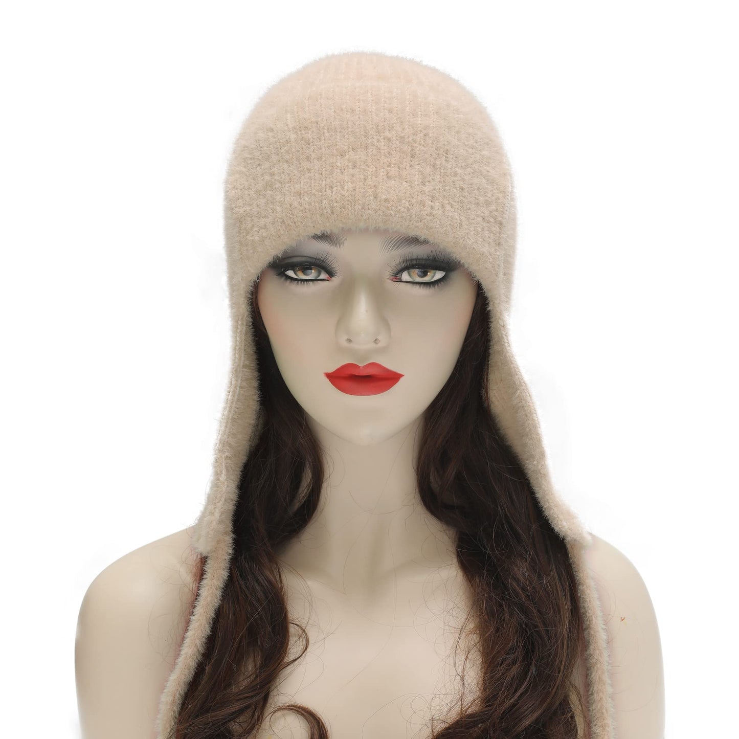 ZLYC Women Winter Knitted Earflap Beanie Hat Soft Cashmere Feel Warm Ski Skully Cap (Plain Beige)