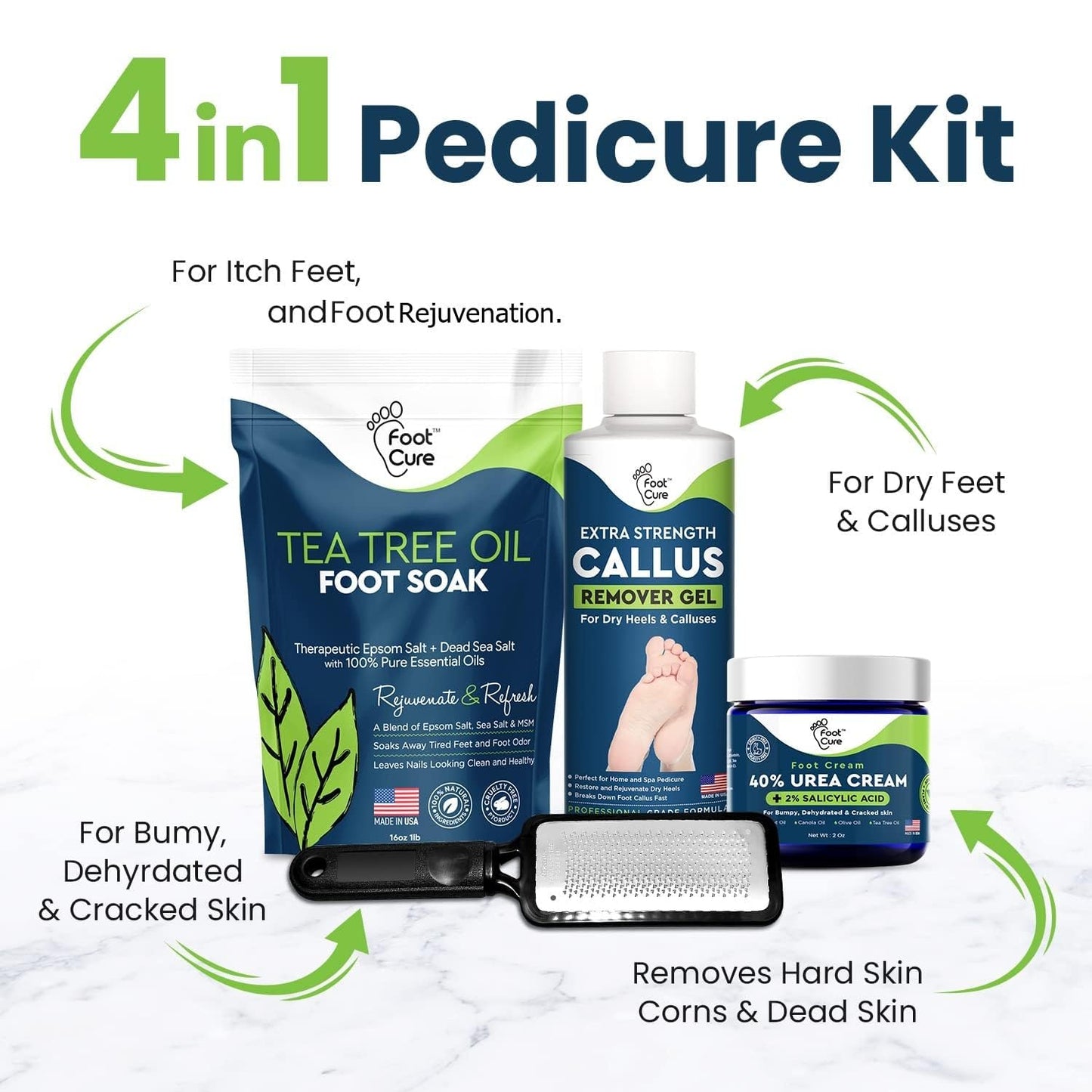 Foot Cure Foot Care/ Exfoliator & Callus Remover Pedicure Set – Includes Foot File for Dead Skin, Tea Tree Oil Foot Soak Salts, Urea Cream 40 Percent & Foot Callus Removal Gel – Made in USA