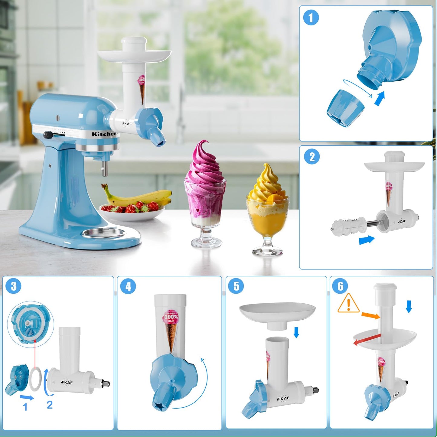 Dairy Free Ice Cream Maker Attachment for KitchenAid Stand Mixer, Natural Frozen Dessert and Yogurt Maker, Gelato Sorbet Maker, Frozen Fruit Ice Cream Maker, Dishwasher Safe