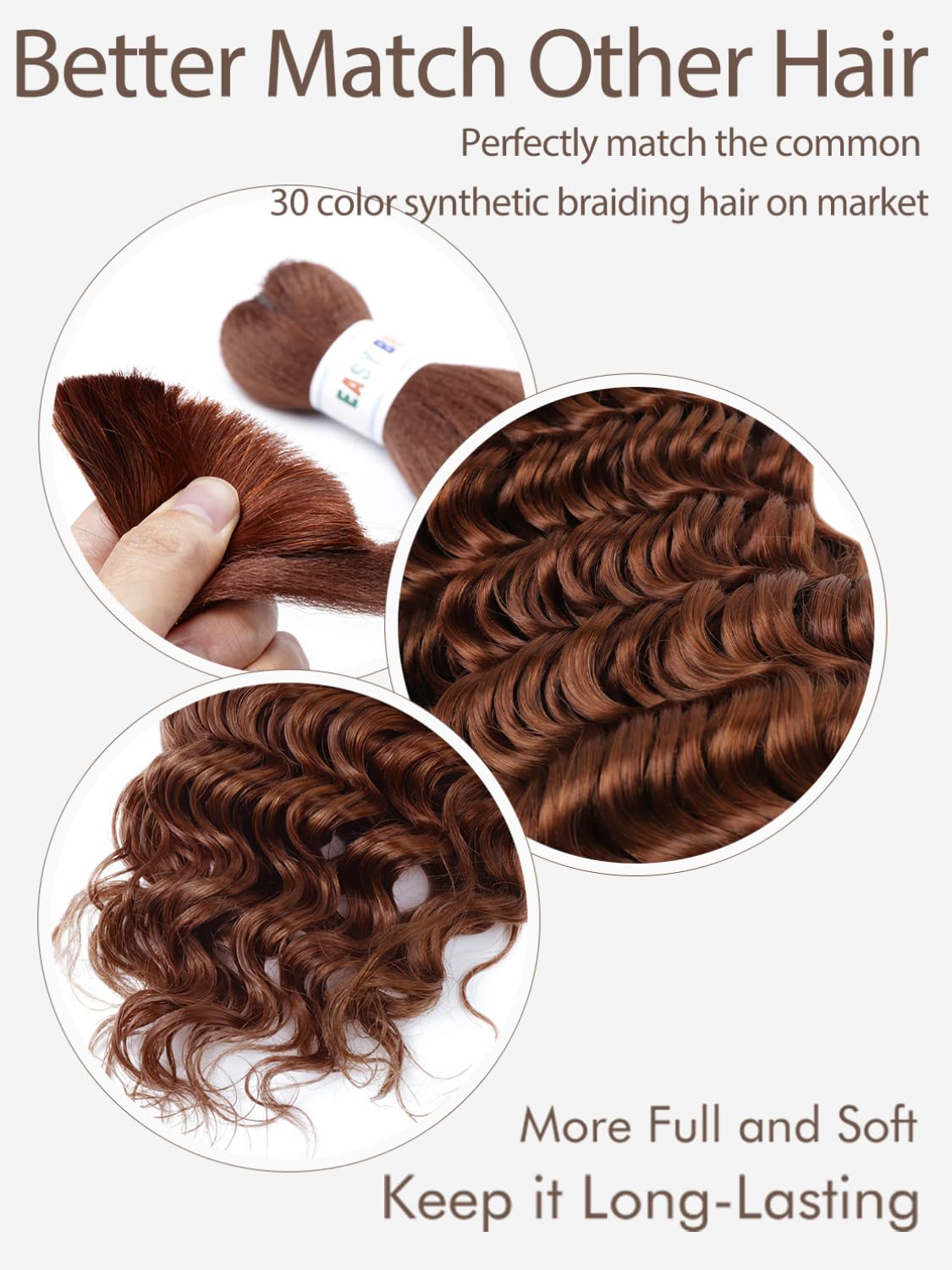Brown Braiding Hair 1 Bundle 50g 24 Inch Color 30 Braiding Hair Deep Wave Human Hair Braiding Hair Water Wave Bulk Human Hair for Braiding 100% 12A Brazilian Auburn Human Bariding Hair for Boho Braids