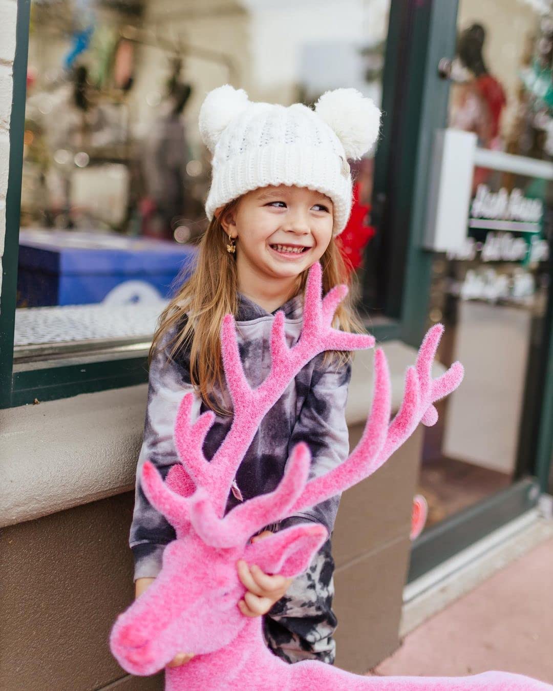 Funky Junque Double Pom-Pom Kids Beanie, Double Pom Pom Beanie Toddler 100% Acrylic Material, Soft and Warm, Toddler Winter Clothes Toddler Girl Winter Hat (Ivory - Ivory Faux Fur Pom)