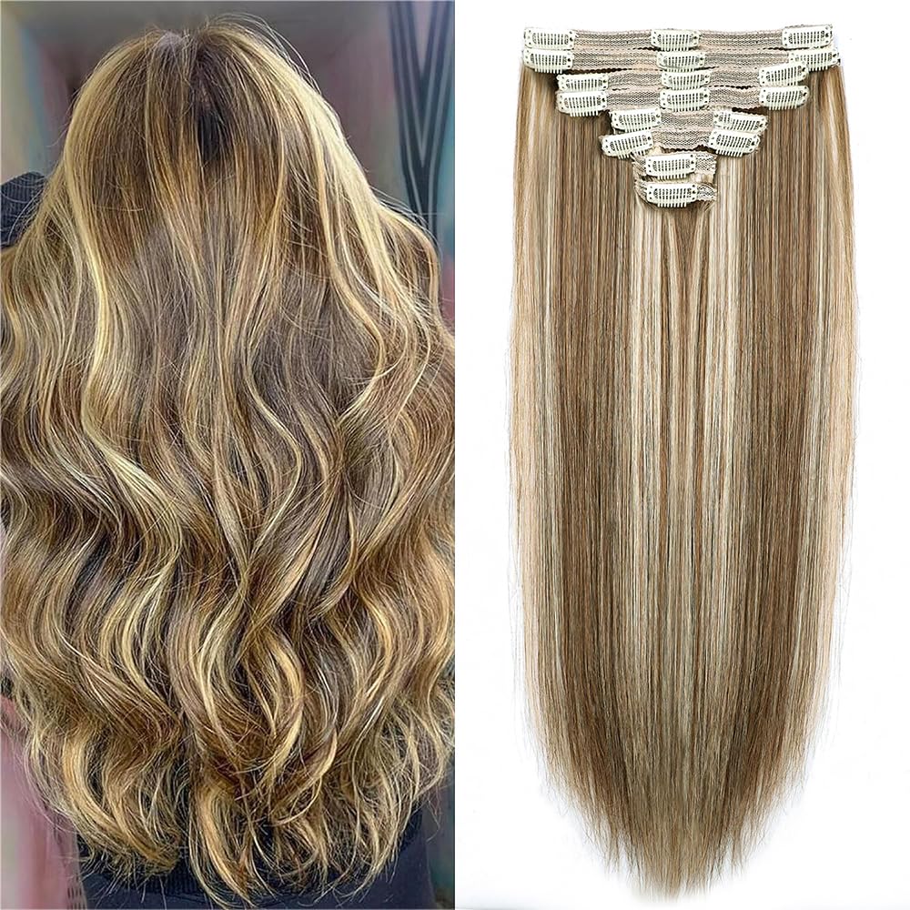 Pobokix Straight Clip In Hair Extensions Real Human Hair 8Pcs Clip In Balayage Chestnut Brown Highlight Blonde Human Hair Extensions with 18Clips Lace Weft 120g 14inch
