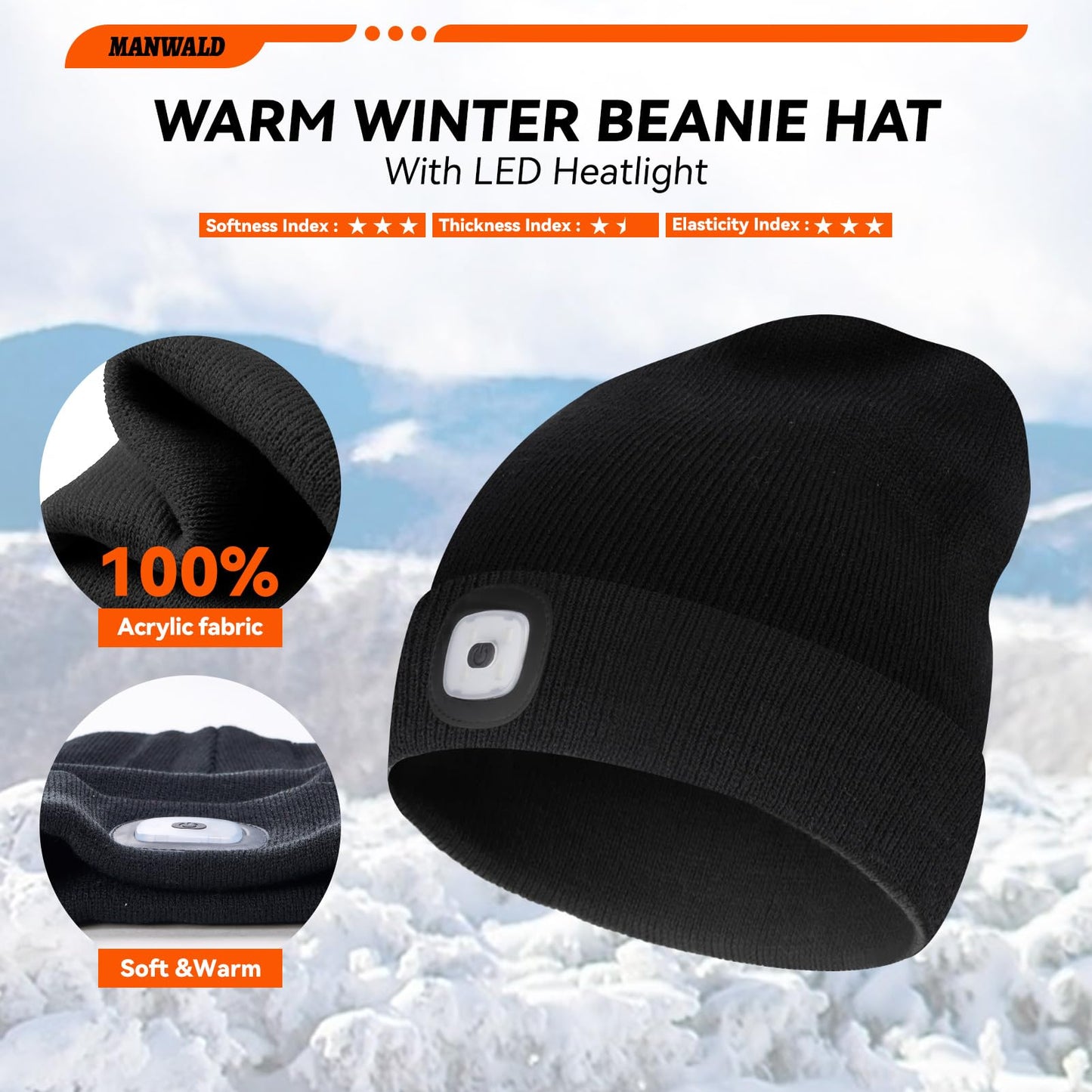 MANWALD LED Beanie Hat with Light,USB Rechargeable LED Headlamp, Gifts for Men, Christmas Stocking Stuffers Gifts for Men Him Husband, Black
