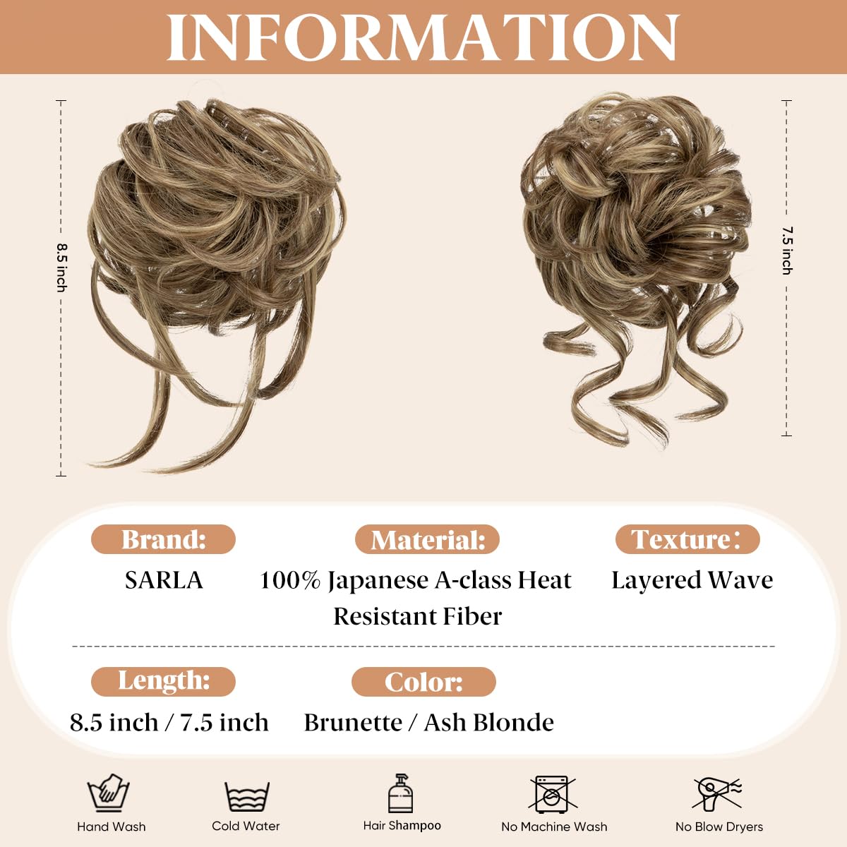 SARLA 2PCS Messy Bun Hair Pieces for Women Detachable Claw Clip Wavy Curly Synthetic Hairpieces for Updos with Tendrils Fake Scrunchies Ponytail Extension Brunette/Ash Blonde