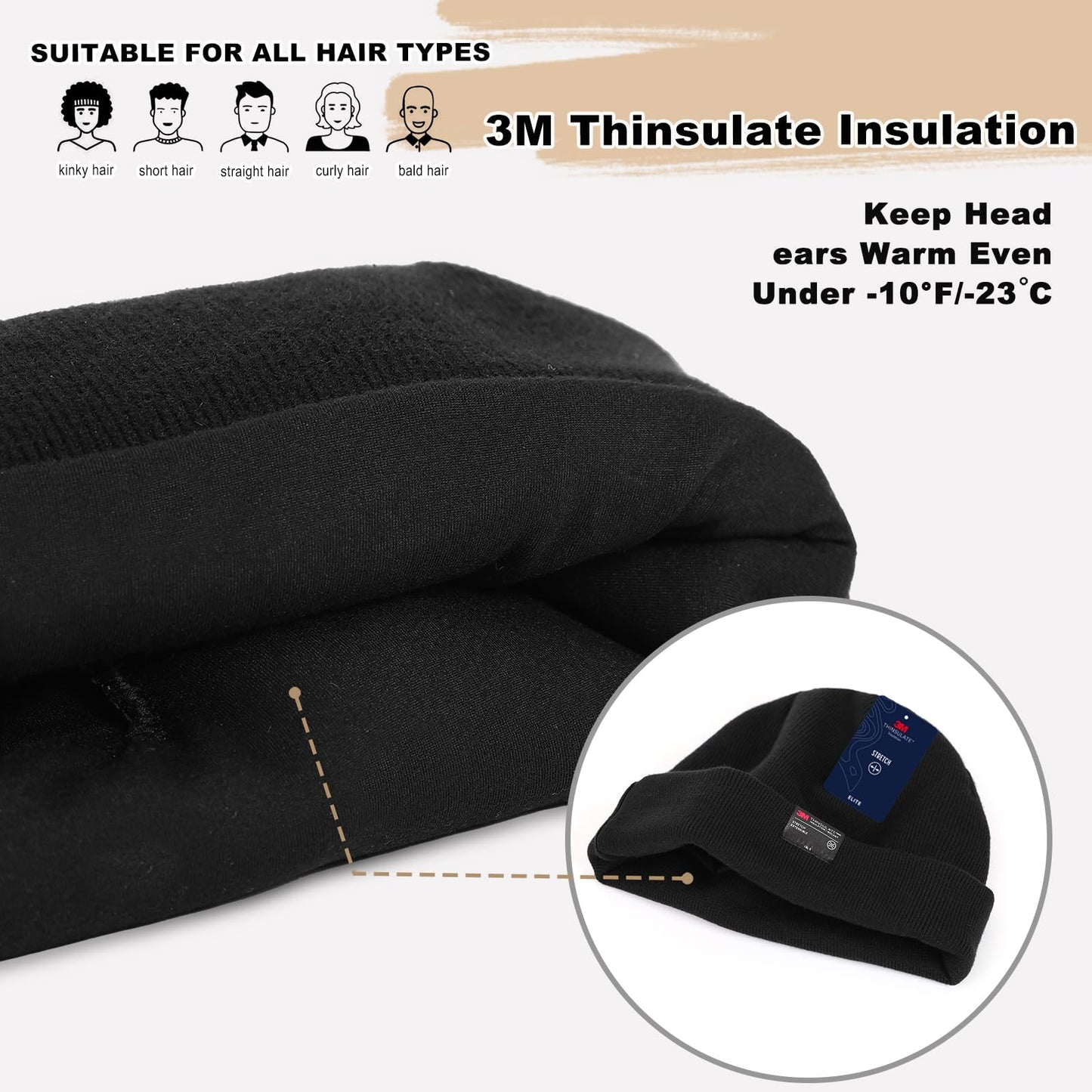 MOREOK Winter Beanie Hats for Men Women-3M Thinsulate Snow Ski Warm Unisex Fashion Knit Cuffed Cap -Black