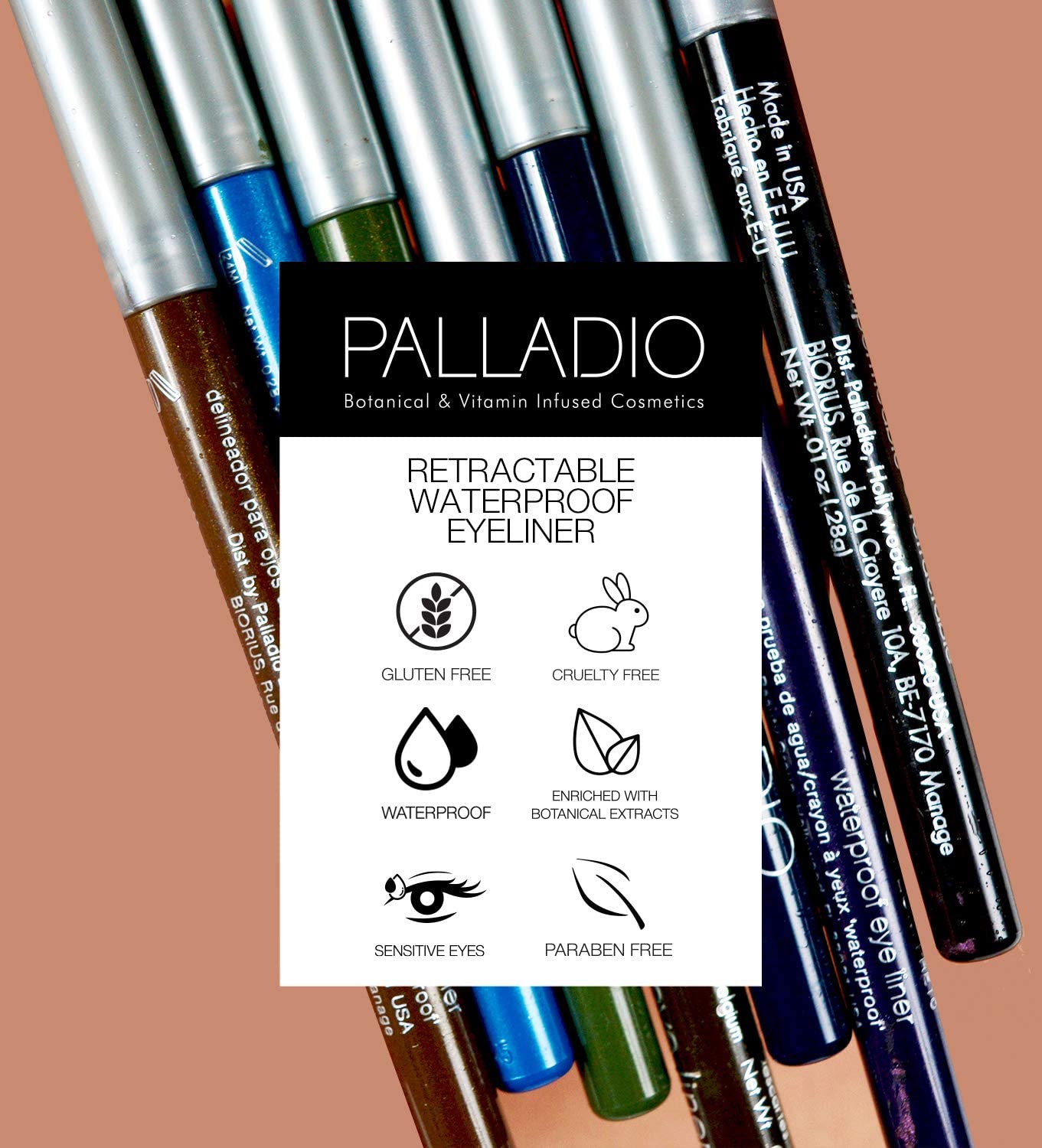 Palladio Retractable Waterproof Eyeliner, Richly Pigmented Color and Creamy, Slip Twist Up Pencil Eye Liner, Smudge Proof Long Lasting Application, All Day Wear, No Sharpener Required, Brownie