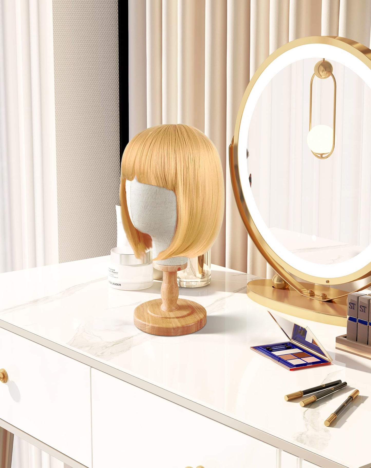 CHADWICK Wig Head Stand Mannequin Head Hat Display Stand Linen Wig Holder, Hat Rack Fabric Head, Canvas Dome + Detachable Wood Stand, Wig Display Model Head Wig Stand for Wigs, Hats, Caps, Headdress