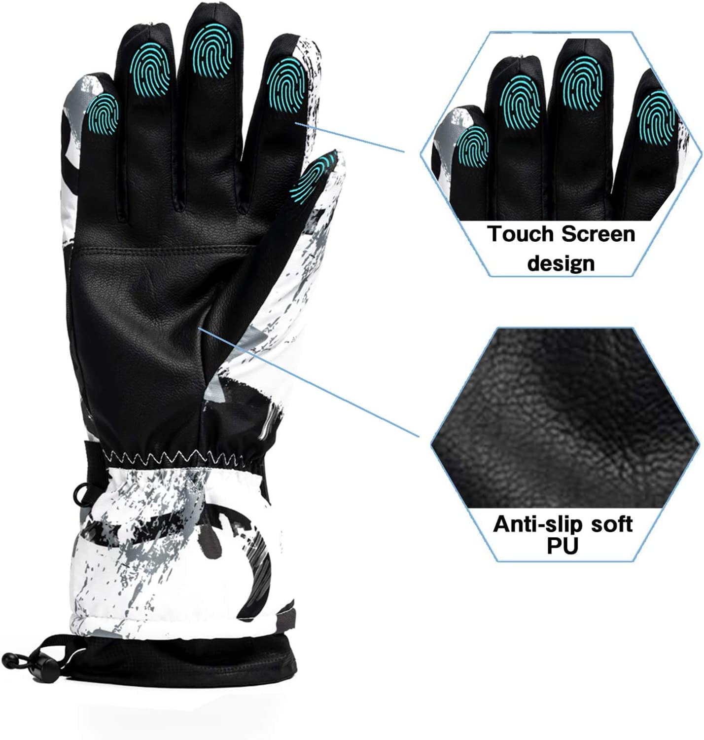 Ltrototea Ski Gloves Men Women, Snow Winter Gloves - Waterproof Insulated Warm Touchscreen Gloves, Snowboard Snowmobile Outdoor Gloves with Wrist Guards White Large
