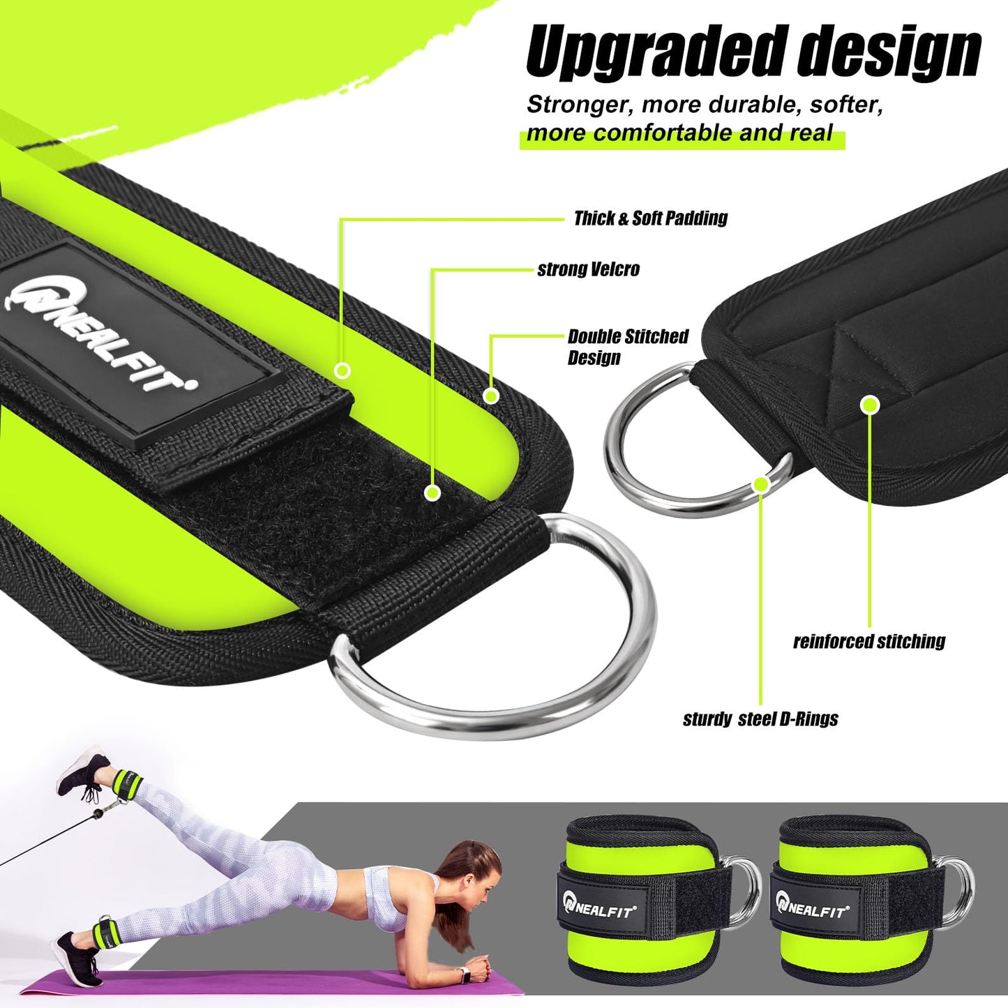 NEALFIT Ankle Strap for Cable Machine, Gym Ankle Cuff for Kickbacks, Leg Extensions, Glute Workouts, Booty Hip Abductors Exercise for Women and Men (Pair, Green)