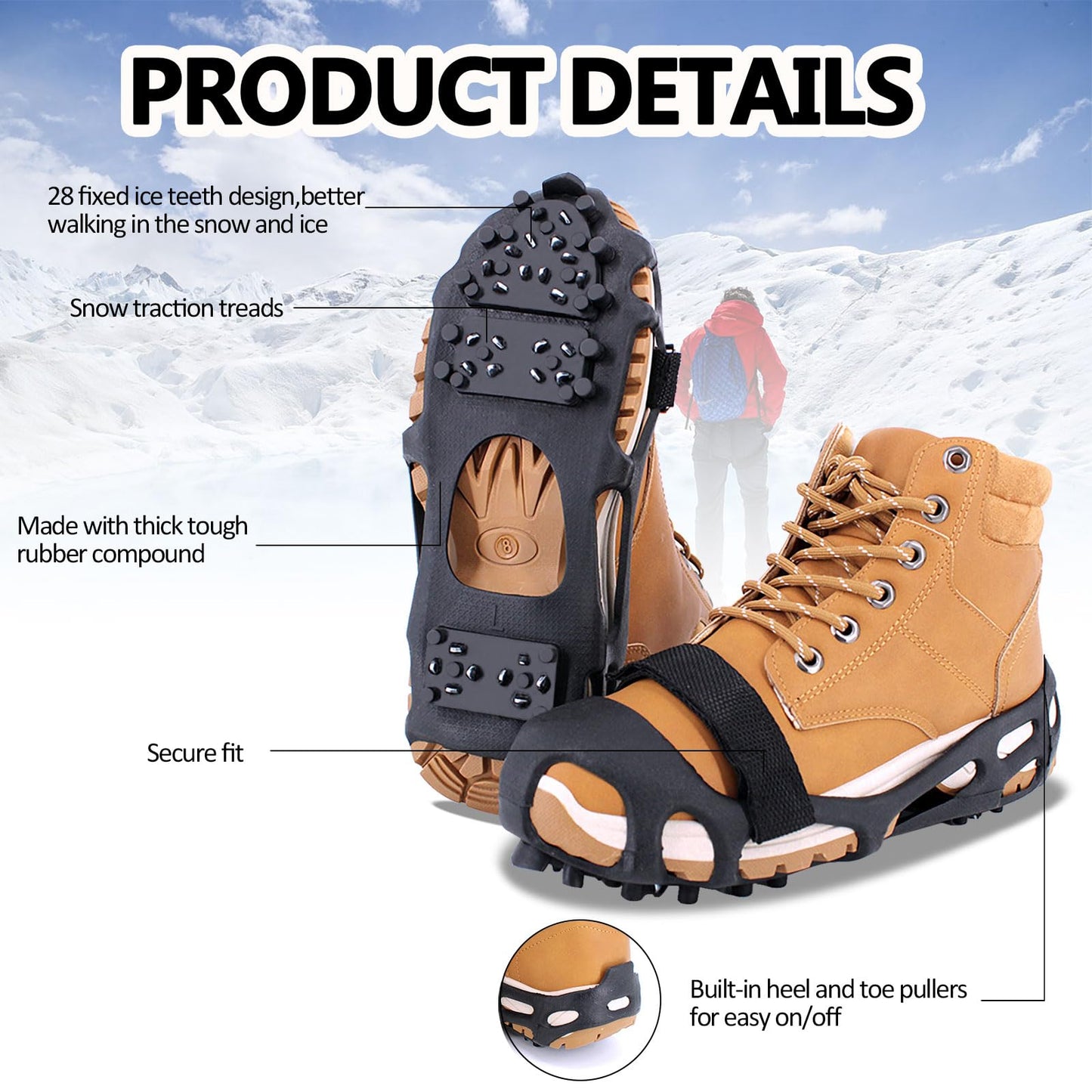 MOVOYEE Ice Cleats for Shoes and Boots Women Men, Crampons for Hiking Boots Climbing Fishing Running, Rubber Stainless Steel Studs Traction Anti Slip Grips Spikes for Shoes On Ice Snow Winter Walking