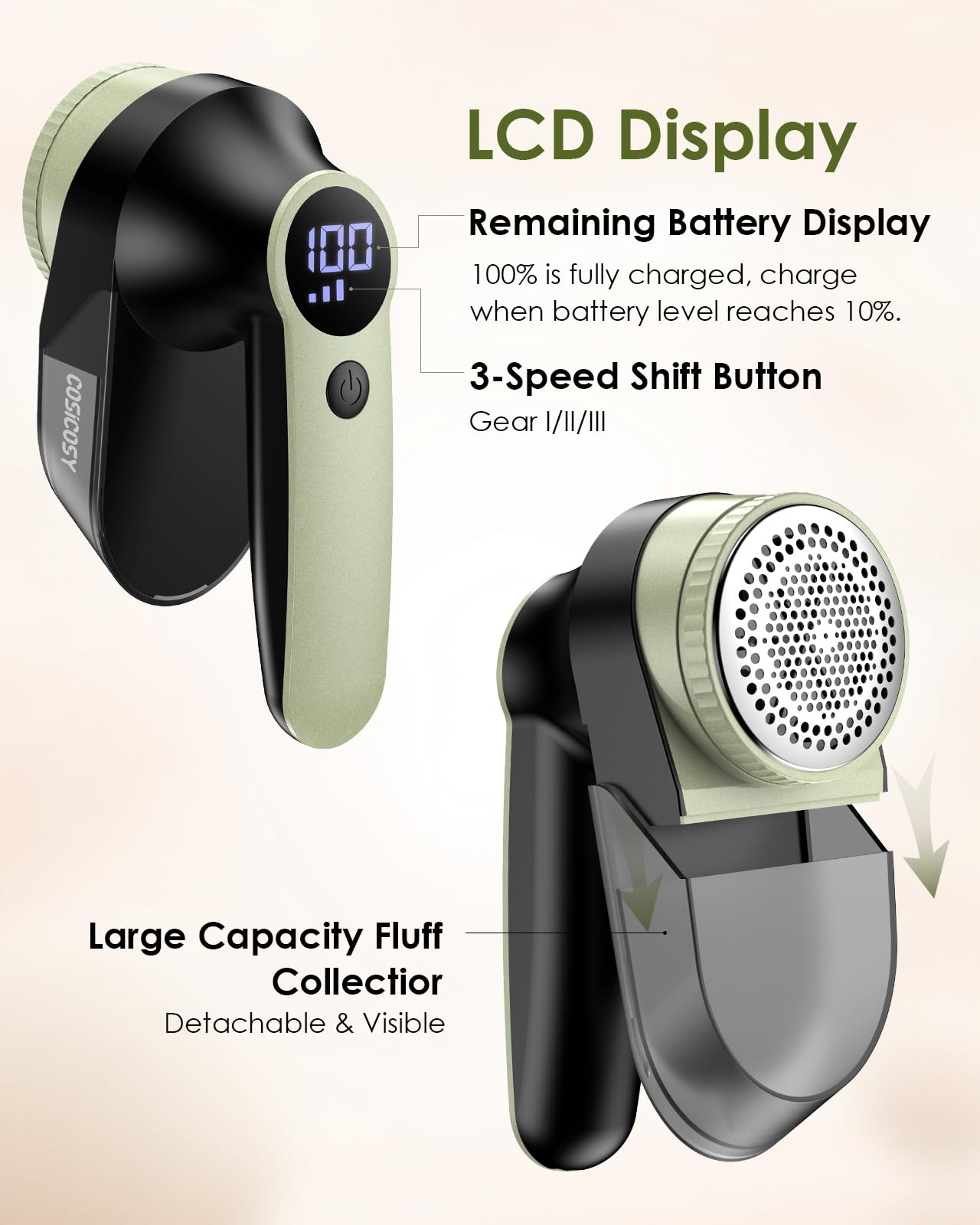 Fabric Shaver Rechargeable, Cosicosy Electric Lint Remover Shaver with 3 Blades & Digital Display, Electric Defuzzer Fabric Shaver Fuzz Remover for Clothing Couch Furniture Carpet