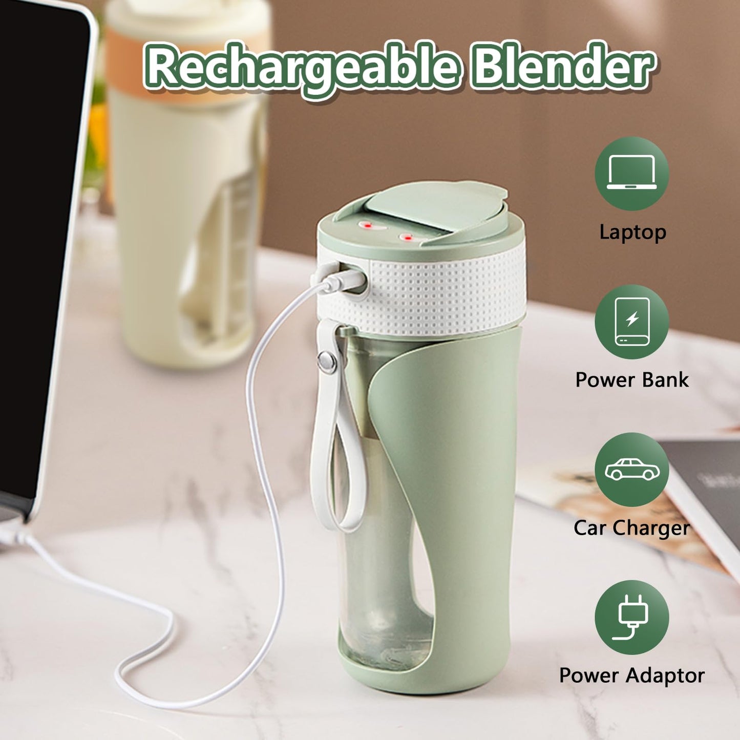 Portable Blender Cup 450ml Multi-Function Blender with Ice-Crushing,Strong Cutting Power with 6 Blades, BPA Free, USB-C Rechargeable,Fruit Veggie Juicer Cup for Home, Sport, Office
