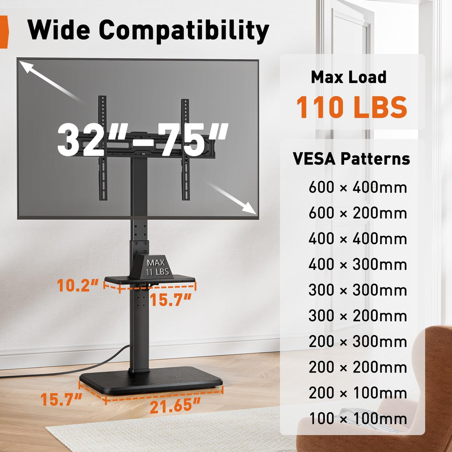 Perlegear Floor TV Stand with Power Outlet, Universal TV Stand for 32-75 inch TVs up to 110 lbs, Height Adjustable Standing TV Mount, Tall TV Mount with Wood Base, Max VESA 600x400mm, PGFS06