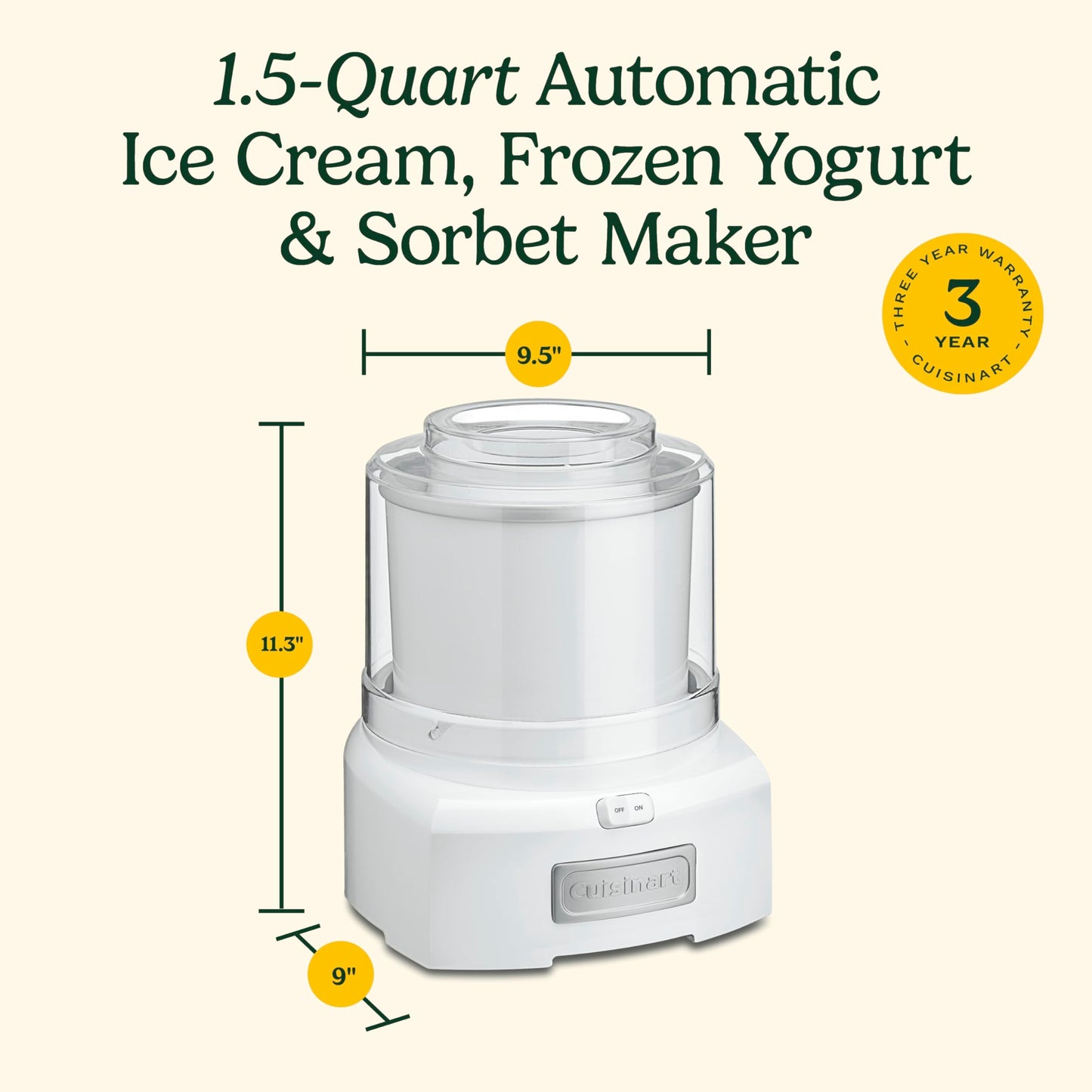 Cuisinart Ice Cream Maker Machine, 1.5 Quart Double Insulated Machine, Sorbet and Frozen Yogurt Maker, Ready in 20 Minutes, ICE-21P1, White