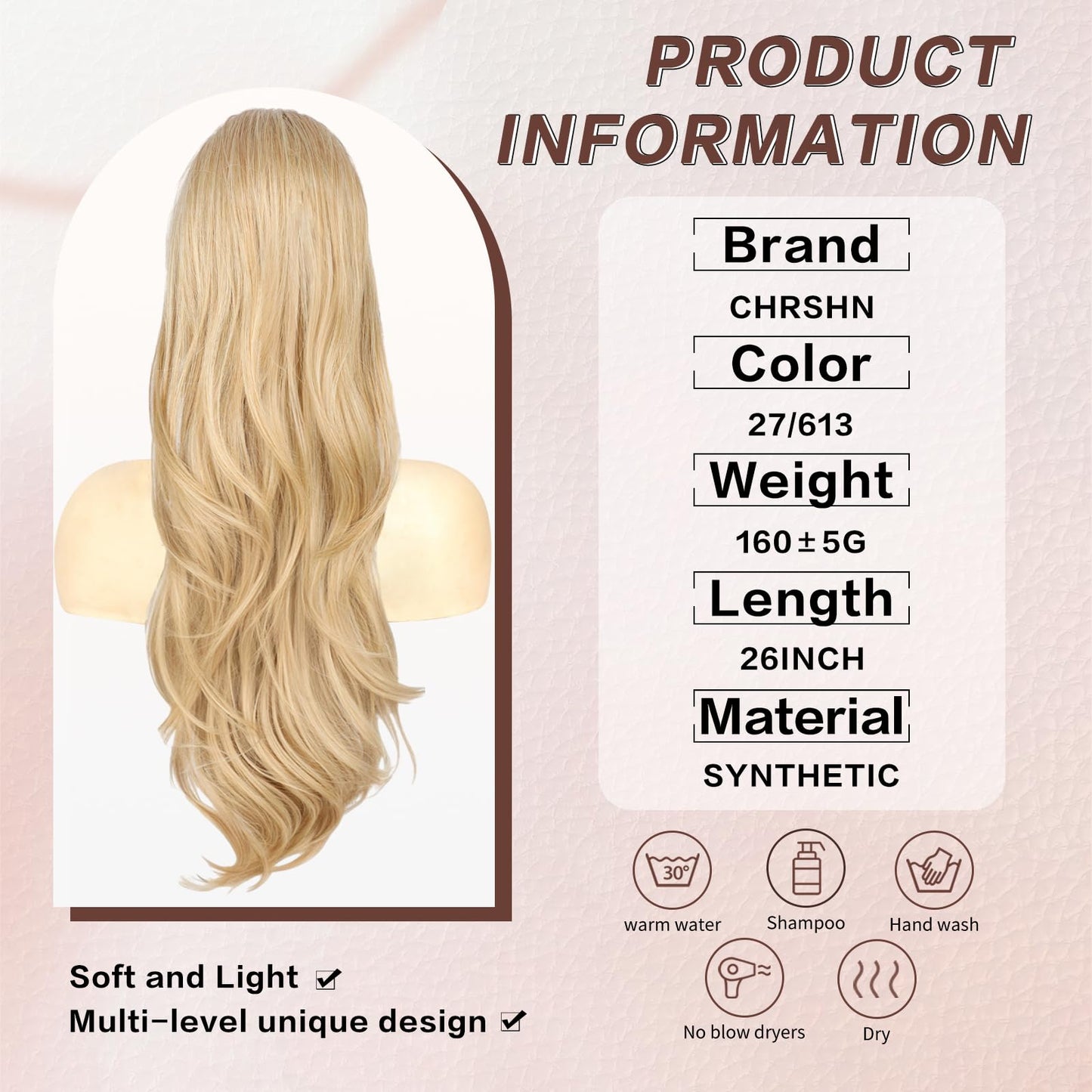 CHRSHN Blonde Ponytail Extension, 26 Inch Drawstring Ponytail Extension for Women Long Blonde Wavy Layered Pony Tails Hair Extensions Synthetic Clip in Ponytail Hairpiece for Women(27/613)