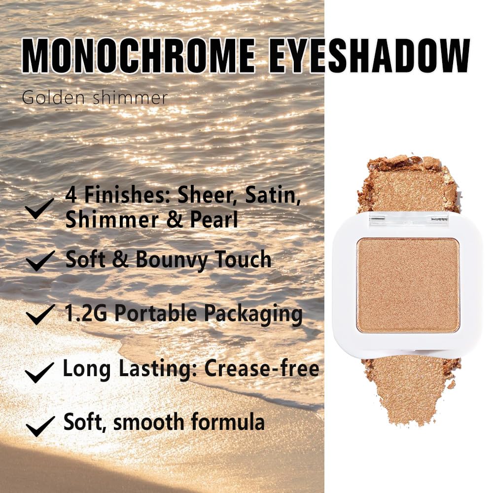 evpct Single Mini Pressed Eyeshadow Makeup Palette, Golden Sparkle Shimmer Glitter Monochrome Cream Eye shadows Palette Brightener Makeup for Older Women, Pigmented Waterproof Sombra Para Ojos 06