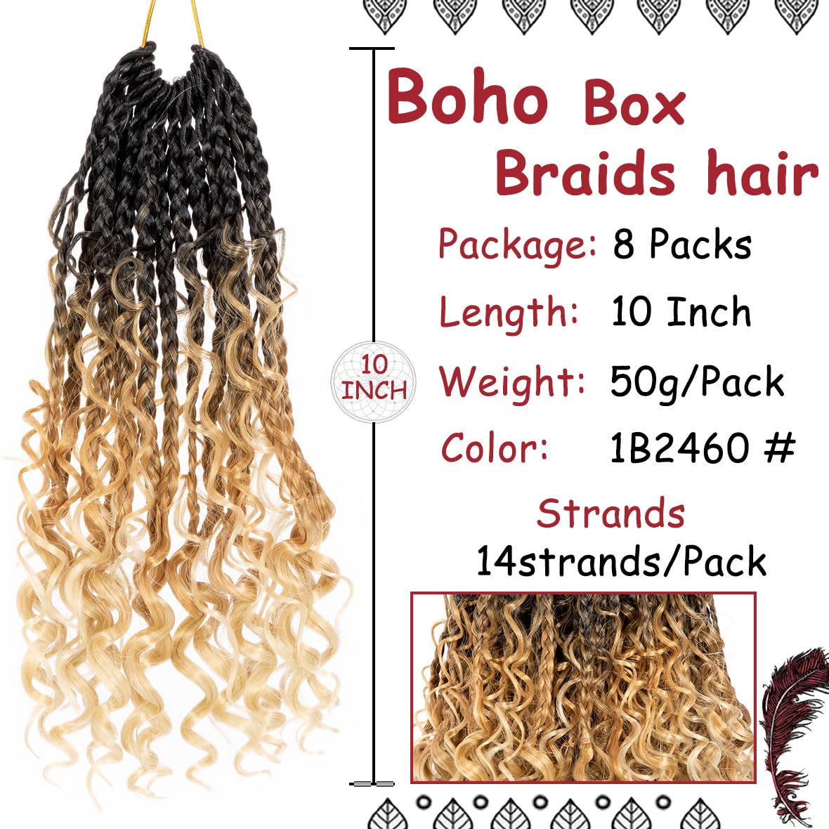 Beverlee 10 Inch 8 Packs Boho Box Braids Goddess Box Braids Crochet Hair Bohemian Hippie Braids Braiding Hair Box Braids with Curly Ends Messy Pre-looped Synthetic Crochet Hair for Black Women