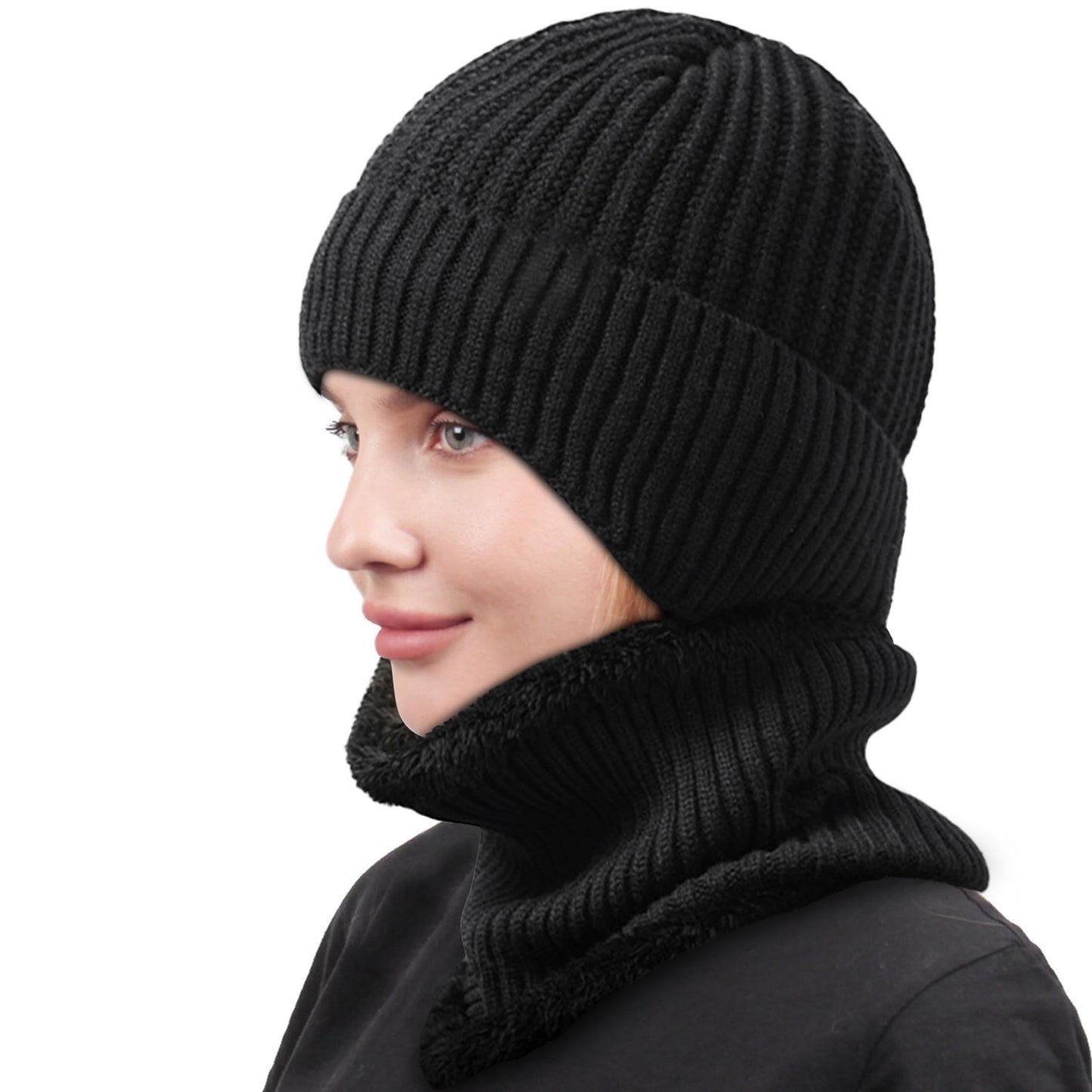 Winter Beanie Hat Scarf for Men and Women,Warm Fleece Winter Hats and Neck Scarf Set,Christmas Gifts for Unisex Adult,Thick Lined Knit Winter Hat Scraf,Black