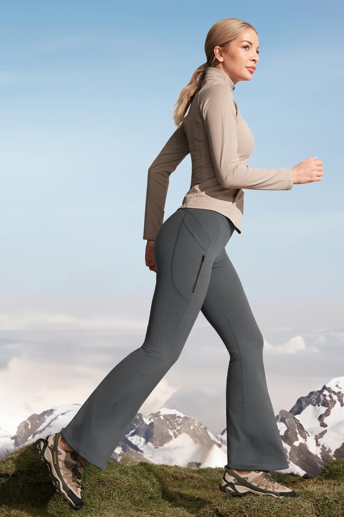 Ewedoos Fleece Lined Yoga Pants with Pockets Water Resistant Hiking Pants Women High Waist Flare Leggings Winter Warm Pants Grey