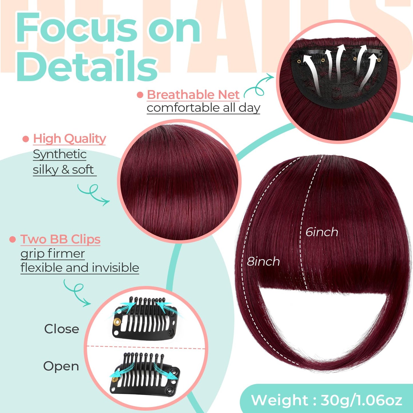 Cephermer Clip in Bangs, Synthetic French Bangs Hair Clip, Fake Bangs Fringe with Temples Hairpieces for Women Natural Curved Hair Extensions for Daily Wear Wine Red