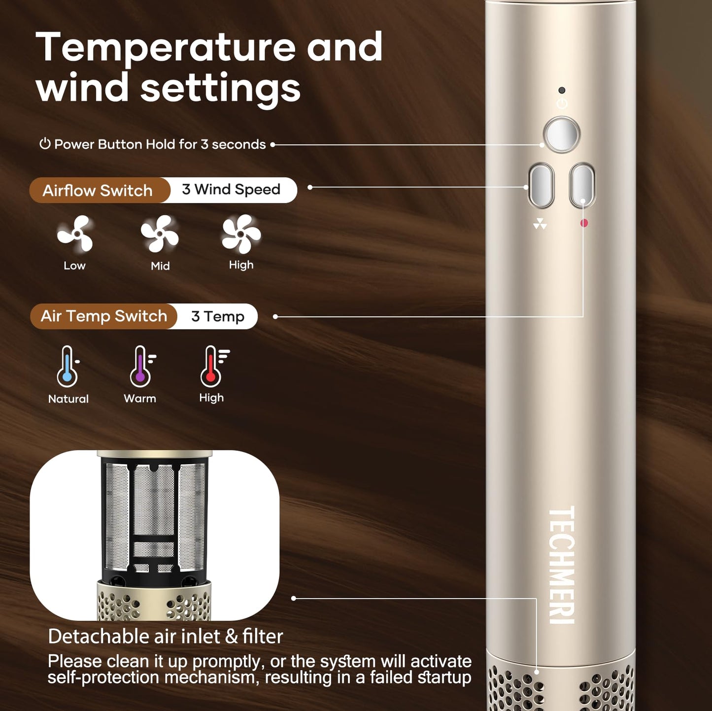 Hair Dryer Brush TECHMERI 6 in 1 Blow Dryer Brush Ions, Detachable Hair Styler Tools, Auto Wrap Curler, Hot Air Brush for Drying, Straightening and Volumizing, High Speed