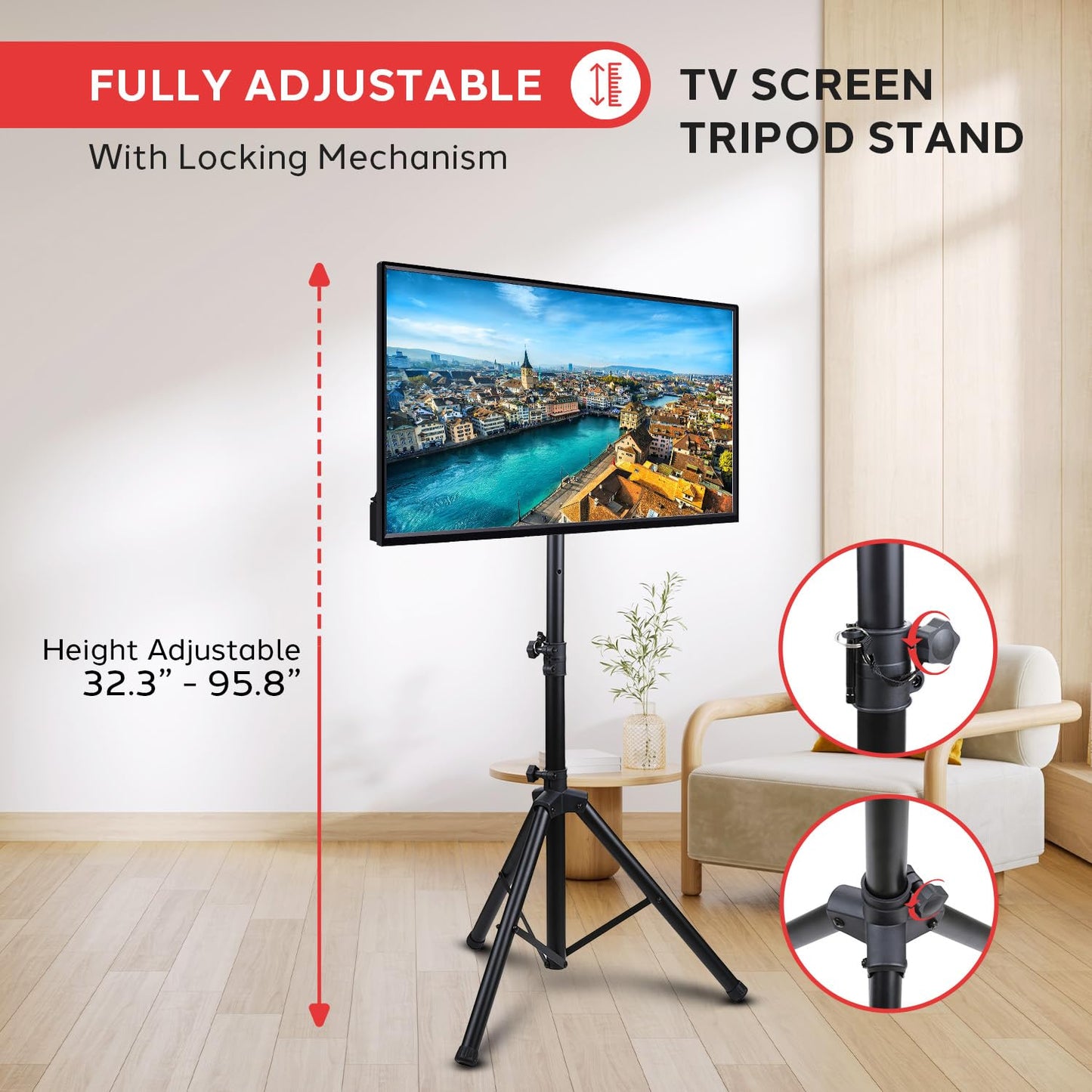 Pyle Premium LCD Flat Panel TV Tripod Stand, Portable & Foldable TV Mount for LCD/LED Flat Screen TVs up to 32", Adjustable Height, 88.8 lbs Capacity, VESA 100x200/200x200 - (PTVSTNDPT3215)