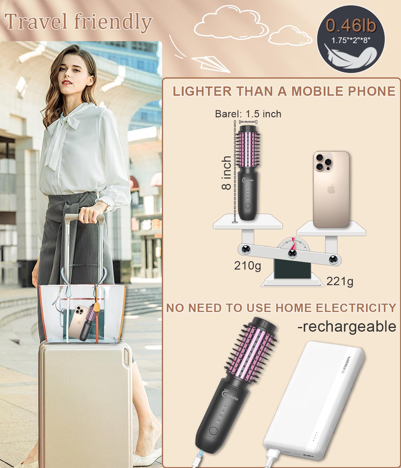 Fitdafit Cordless Hair Curling Iron Brush, 1.5" Mini Cordless Hair Curler, 3-in-1 Travel Curling Brush Hair Straightener Comb Rechargeable, 410℉ Heated Ionic Curling Tool for All Styles, Black