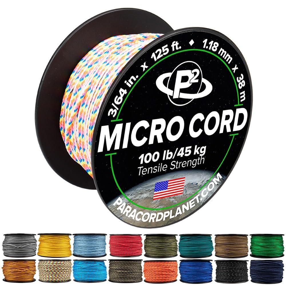 Paracord Planet Micro Paracord – Thin Braided Cord for Crafting, Fishing, and DIY Projects in 125 ft Spools – Light Stripe