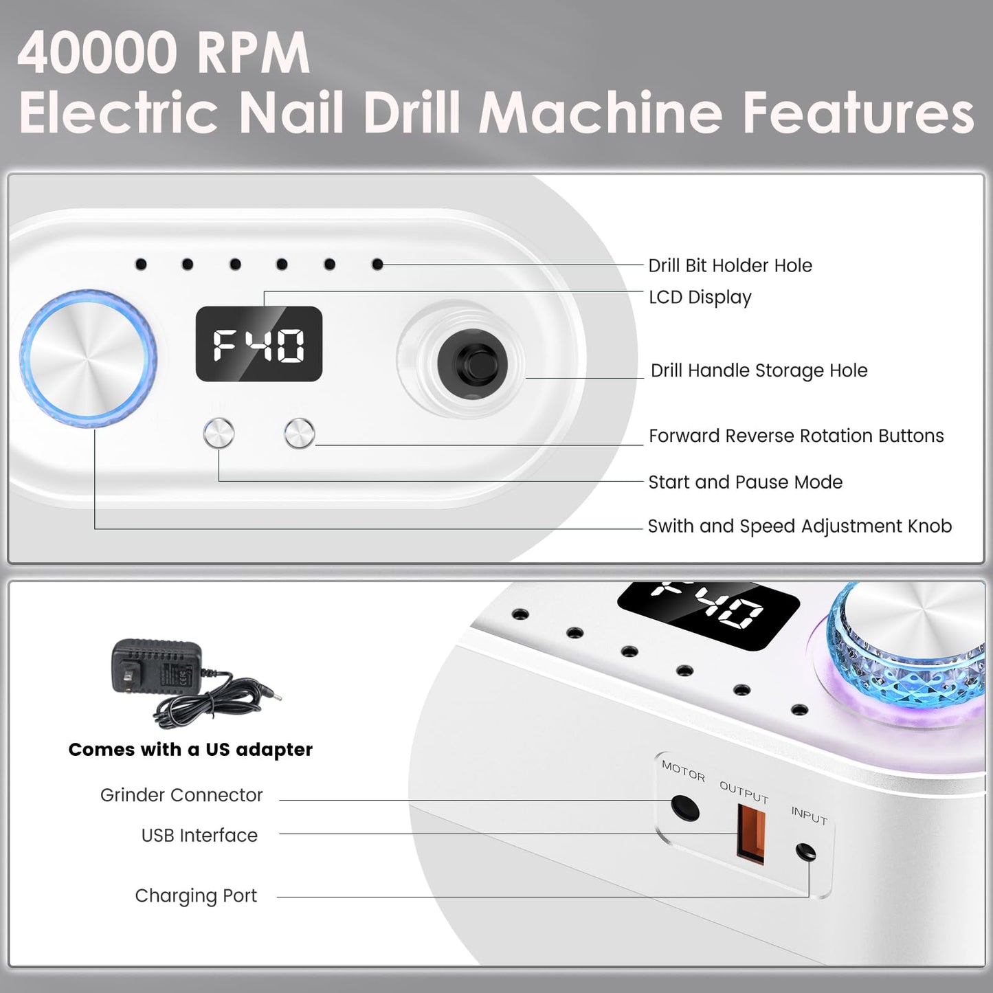 Electric Nail Drill Machine, 40000RPM Professional E File Nail Drill Kit for Gel Acrylic Nails,High Speed Low Vibration Low Heat Nail Grinding with LED Light, 7 Bits, F/R Rotation, LCD Screen (White)