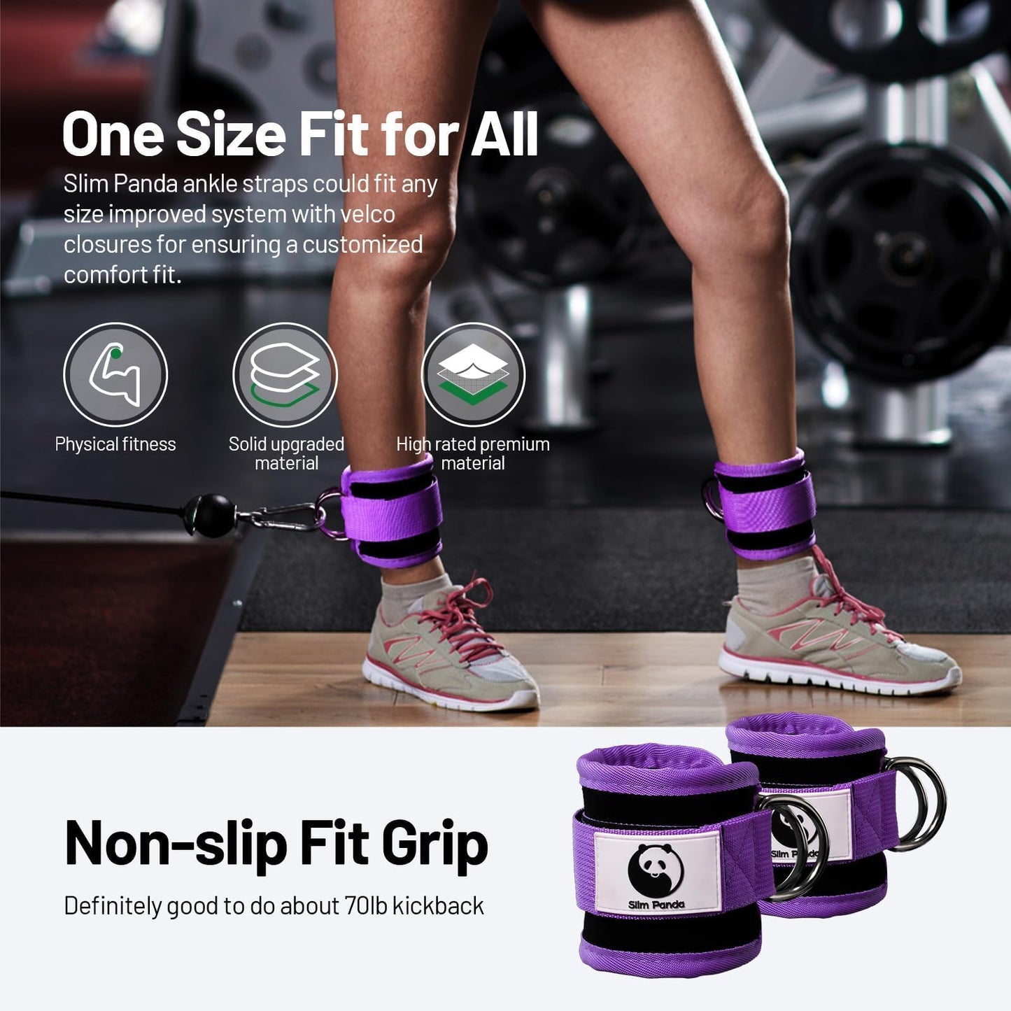Slim Panda Ankle Strap for Cable Machine,Ankle Cuff for Kickbacks, Booty Hip Abductors,Glute Workouts, Leg Extensions, Curls for Men and Women, Adjustable with Double D-Rings (Pair, Purple)