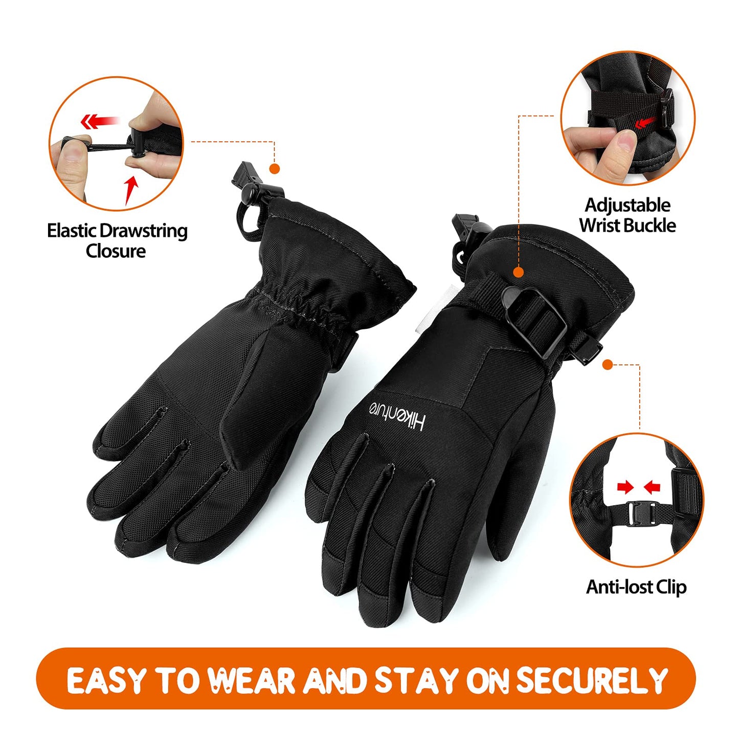 Hikenture Waterproof Kids Snow Gloves,3M Thinsulate Winter Gloves for Boys &Girls,Insulated Ski Gloves for Youth,Childrens,Age 7-9(Black M)