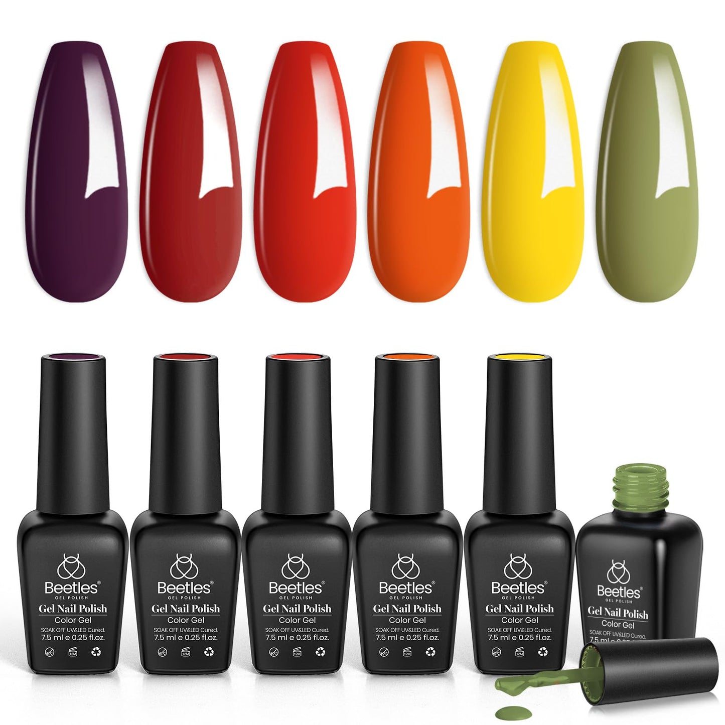 beetles 6 Colors Gel Polish Set, Burgundy Red Green Orange Gel Nail Polish Colors Sunset Leaves Nail Polish Soak Off Nail Art Lamp UV LED Cured Manicure Nail at Home Gifts for Women