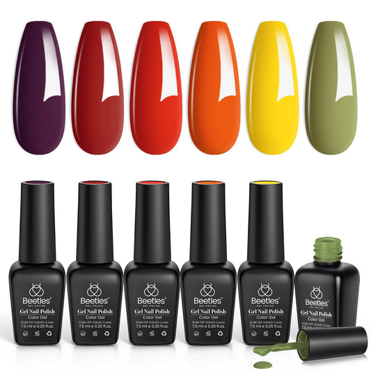 beetles 6 Colors Gel Polish Set, Burgundy Red Green Orange Gel Nail Polish Colors Sunset Leaves Nail Polish Soak Off Nail Art Lamp UV LED Cured Manicure Nail at Home Gifts for Women