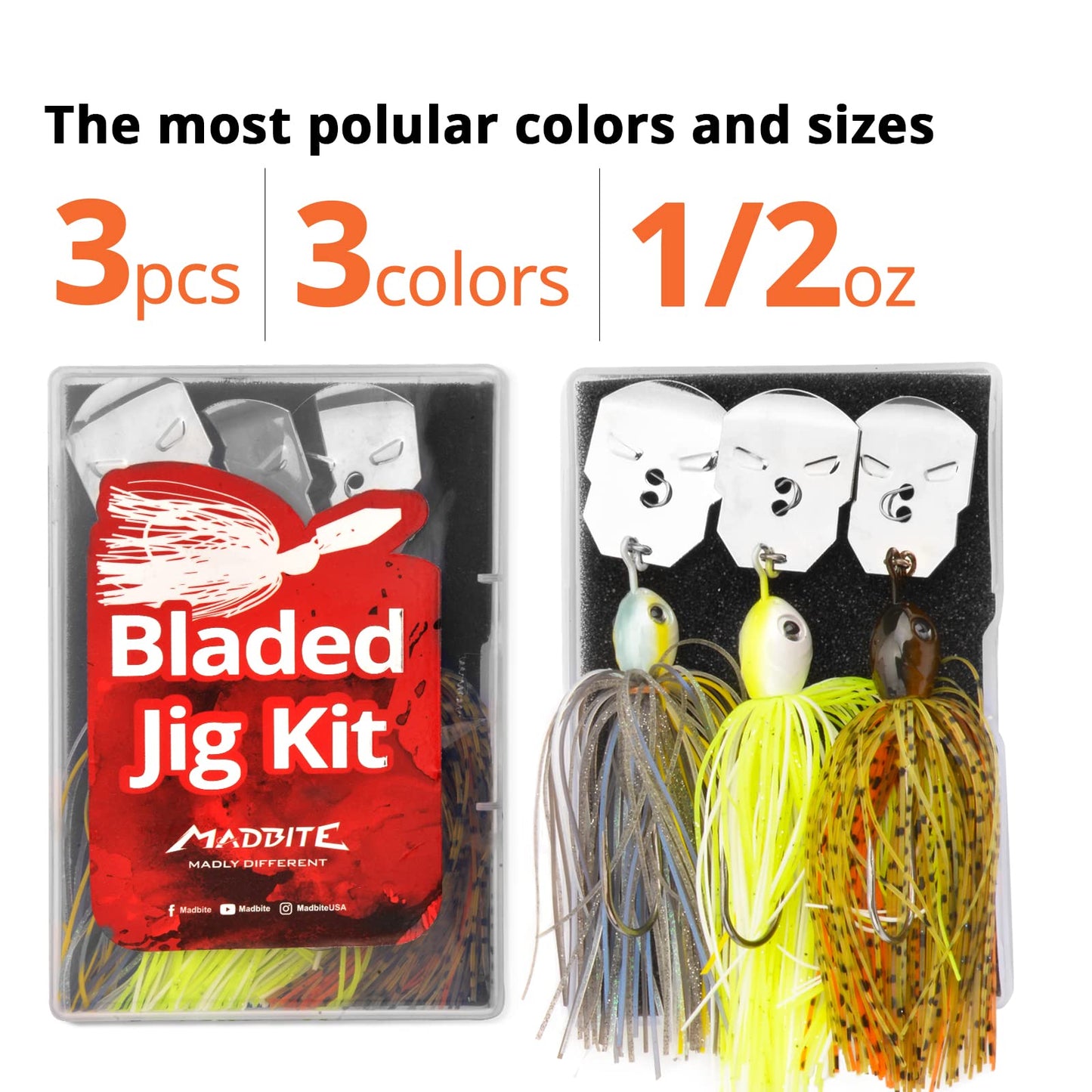 MadBite Bladed Jig Fishing Lures, 3 pc Multi-Color Kits, Irresistible Vibrating Action, Sticky-Sharp Heavy-Wire Needle Point Hooks, Popular 1/2 oz Sizes, includes Storage Box, Clear Water