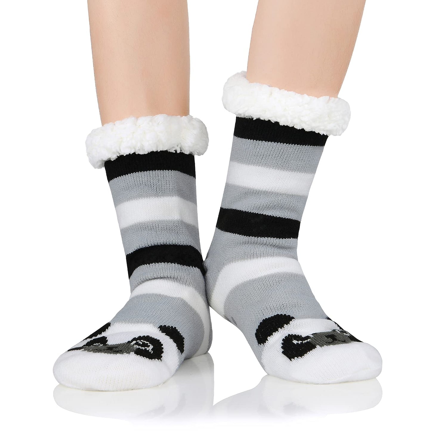 Fuzzy Socks for Women House Socks Indoor Winter Warm Furry Socks Athletic Socks for Christmas Black Raccoon One Size