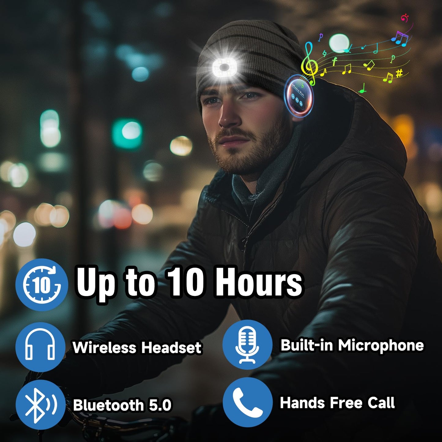 Rotibox Bluetooth Beanie with Light, Hat Wireless Headphone for Outdoor Sports Xmas Gifts Stocking Stuffers for Men, Women, Teens-Black/Gray