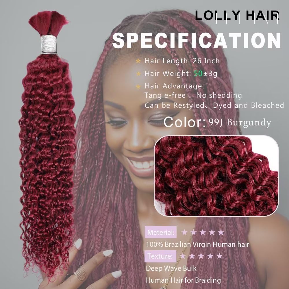 Human Braiding Hair 1 Bundle 50g 26 Inch Deep Water Wave Bulk Human Hair for Braiding No Weft 12A Brazilian Virgin Curly Human Hair Extensions for Boho Braids Wet and Wavy Red Burgundy Braiding Hair