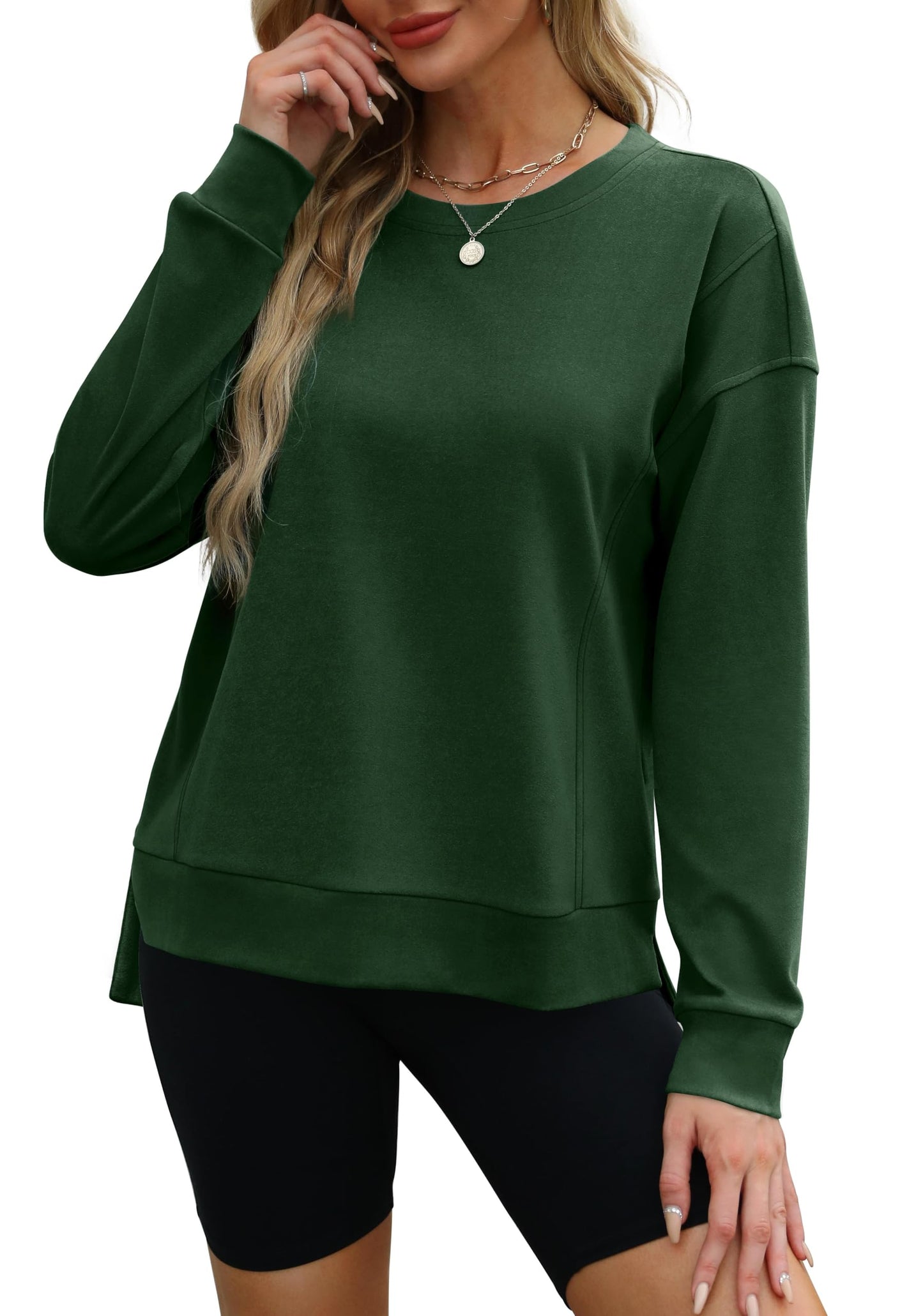 OFEEFAN Long Sleeve Shirts for Women Soft Crewneck Sweatshirts Lightweight Winter Outfits Green L