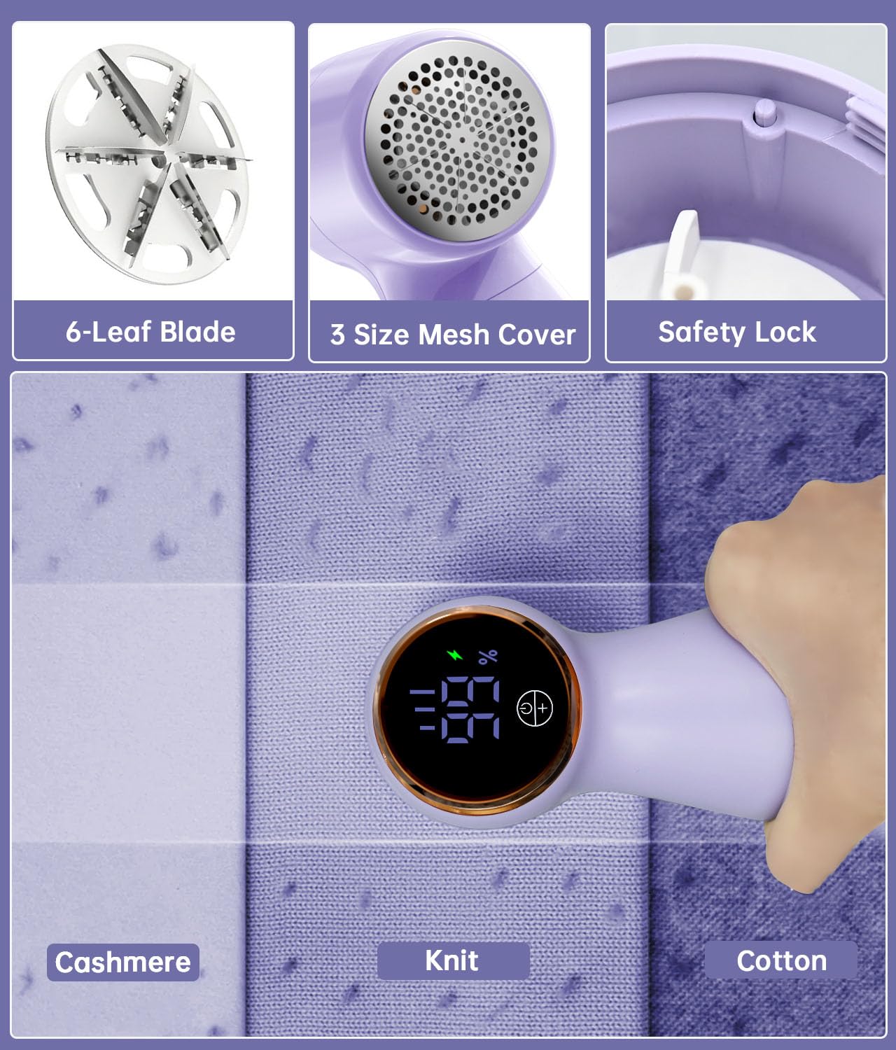 Rechargeable Fabric Shaver and Lint Remover, Electric Sweater Defuzzer with 2 Replaceable Stainless Steel 6-Leaf Blades, Portable Sweater Shaver for Clothes with Removable Bin