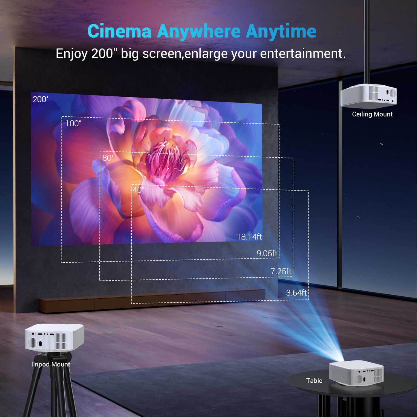 Portable Mini Projector with Electric Focus, NICPOW Full HD 1080P Projector, Bluetooth Movie Projector with Auto Keystone, Two-Way Bluetooth, Ideal for Indoor Outdoor Use, White