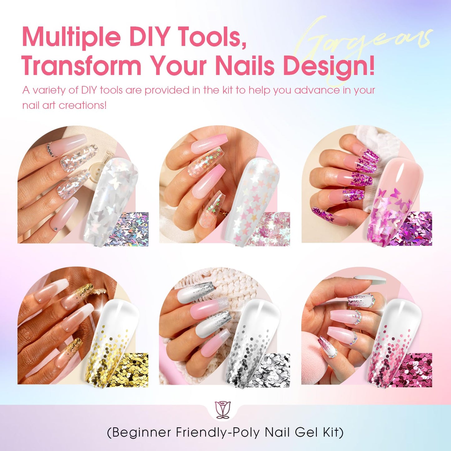 ROSALIND 20 Fall Poly Nail Gel Kit with Mini Nail Lamp Glitter Poly Nail Gel Kit Collection with Tools Clear Poly Nail Gel Starter Kit