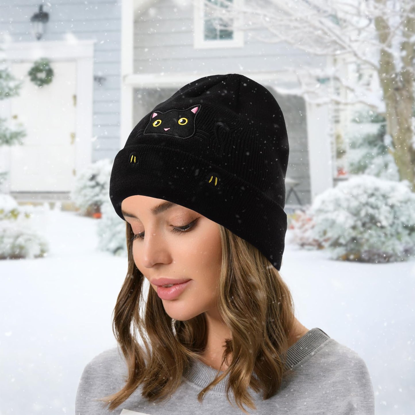 Women's Cat Beanie Hats and Funny Socks Set Cute Cat Lover Gifts Kitty Knitted Hat Winter Skiing Slouchy Warm Cap for Girls Black