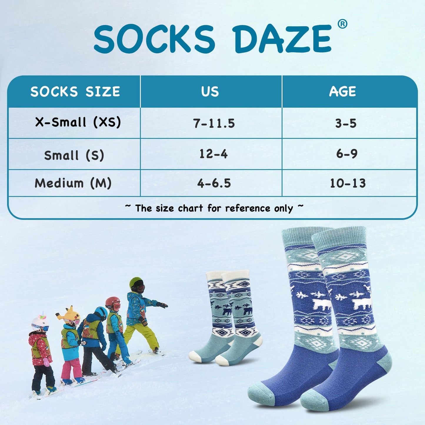 Socks Daze 2 Pack Winter Warm Wool Ski Socks for Kids Boys Girls 10-12 Years Cute Knee High Wool Boot Socks for Hiking Ice Skating, Black + White, Medium
