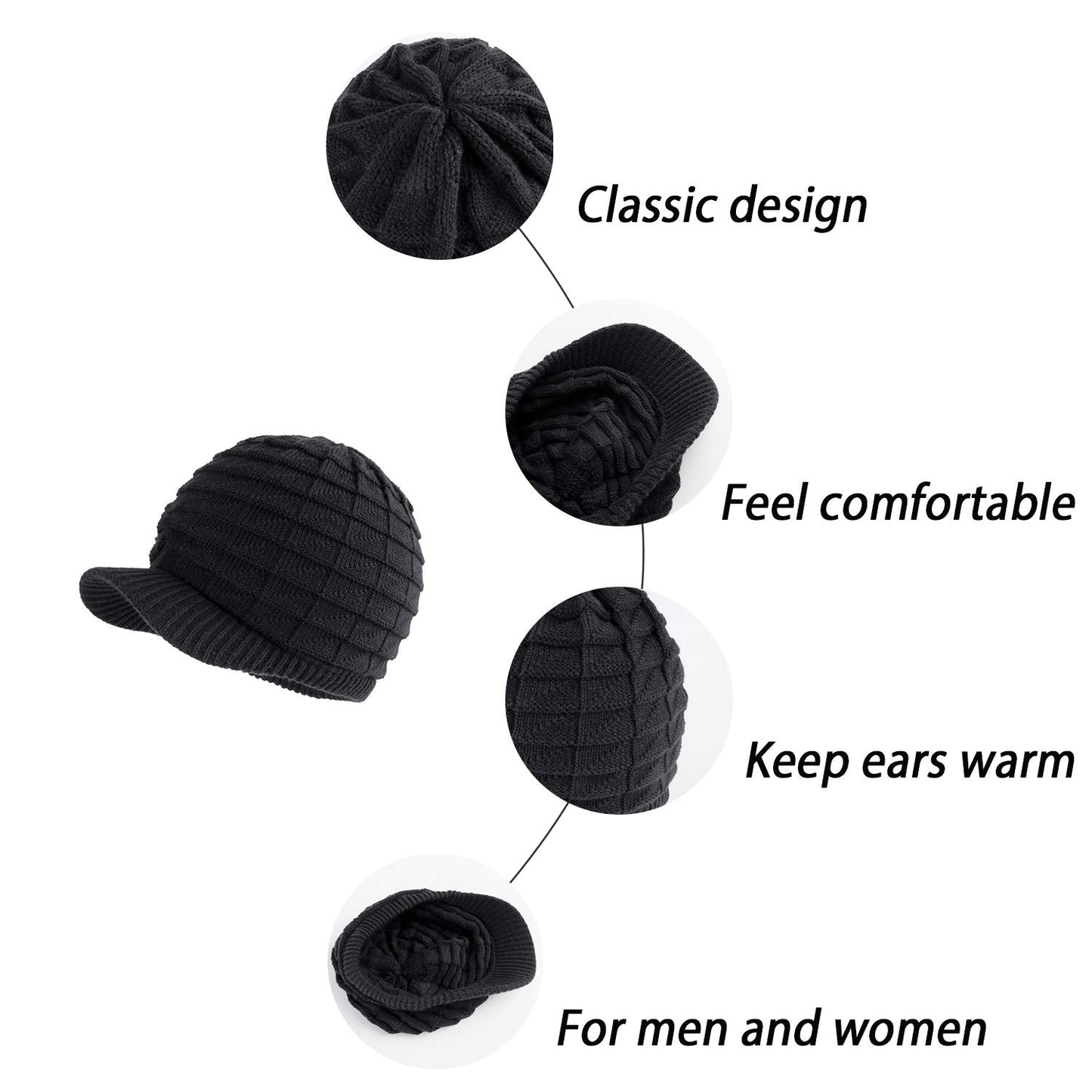 LANGZHEN Unisex Winter Hats with Visor Warm Ski Hat Stylish Knitted Hat for Men and Women (Black+Army Green)
