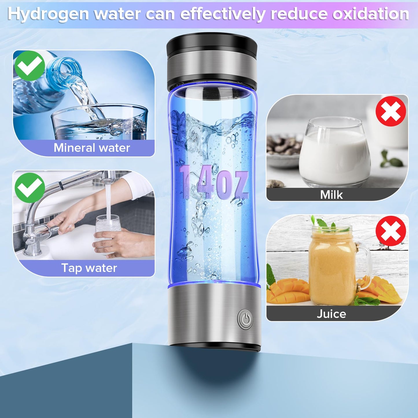 ZIHUOFAN Hydrogen Water Bottle, 1600PPB Portable Hydrogen Water Bottle Generator. Newly Upgraded Hydrogen-Oxygen Separation Technology Allows for Higher Hydrogen Concentration. Suitable for Daily Use