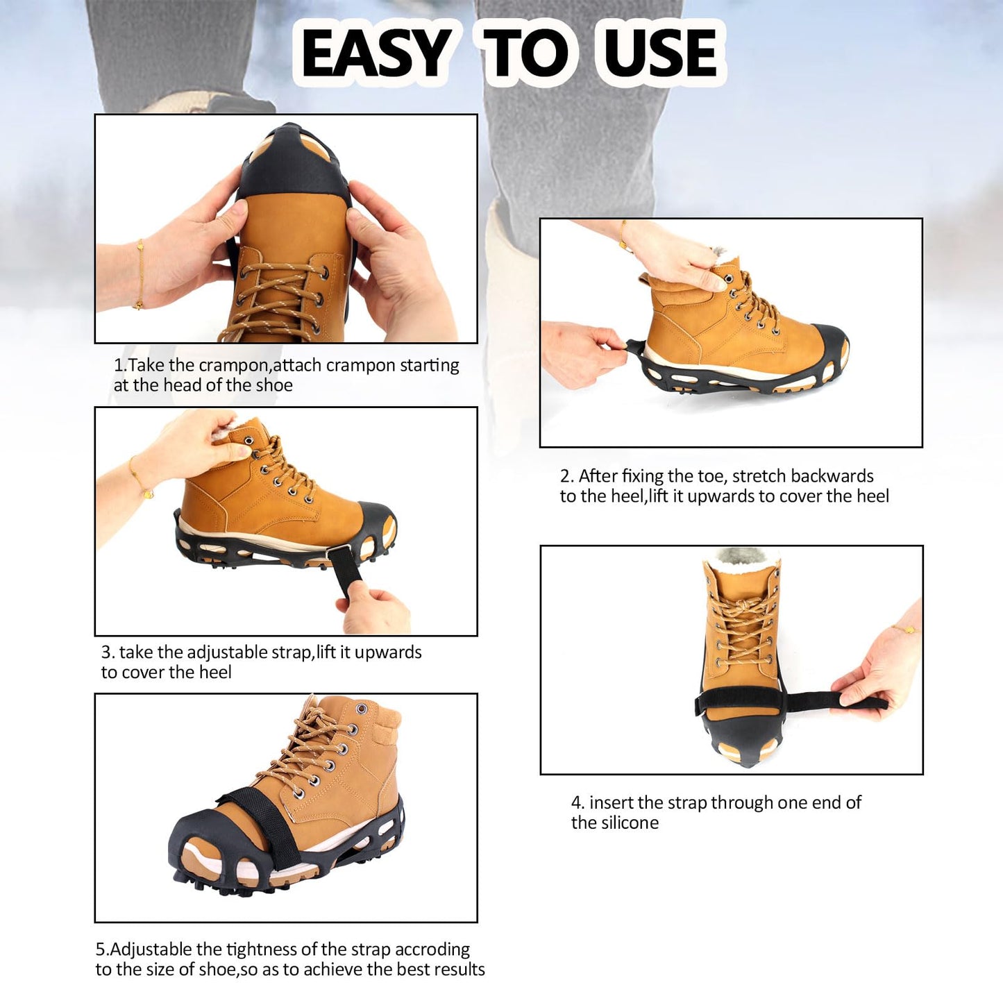 MOVOYEE Ice Cleats for Shoes and Boots Women Men, Crampons for Hiking Boots Climbing Fishing Running, Rubber Stainless Steel Studs Traction Anti Slip Grips Spikes for Shoes On Ice Snow Winter Walking